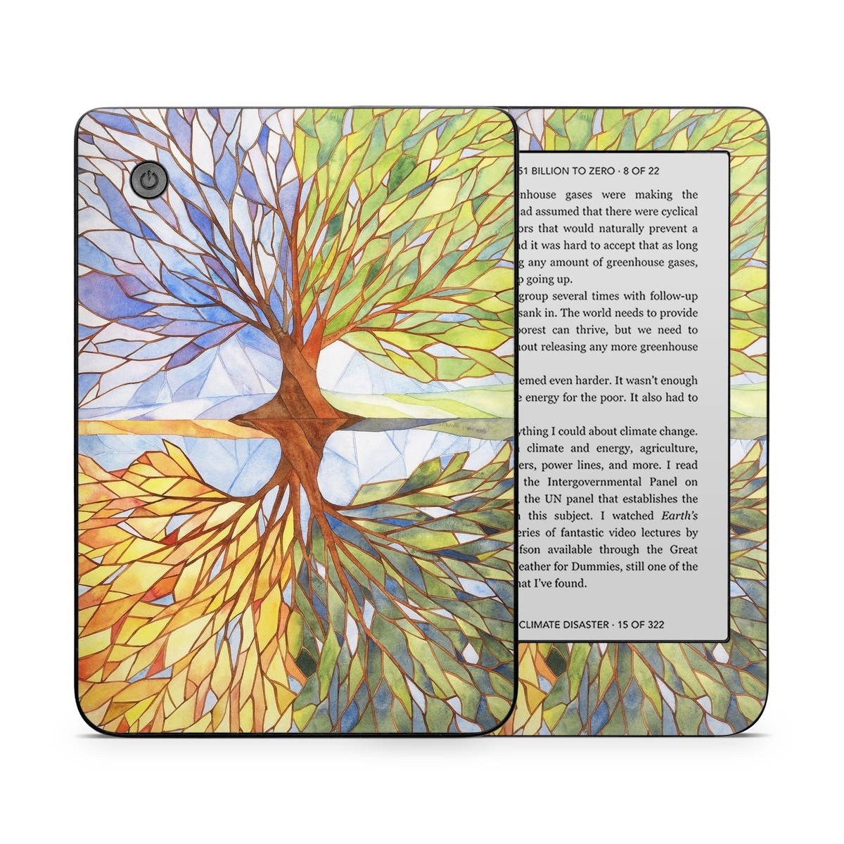 Kobo Clara 2E Skin design of Leaf, Tree, Botany, Plant, Symmetry, Art, Pattern, Painting, Plant stem, Plane, with blue, brown, orange, yellow, red, purple colors