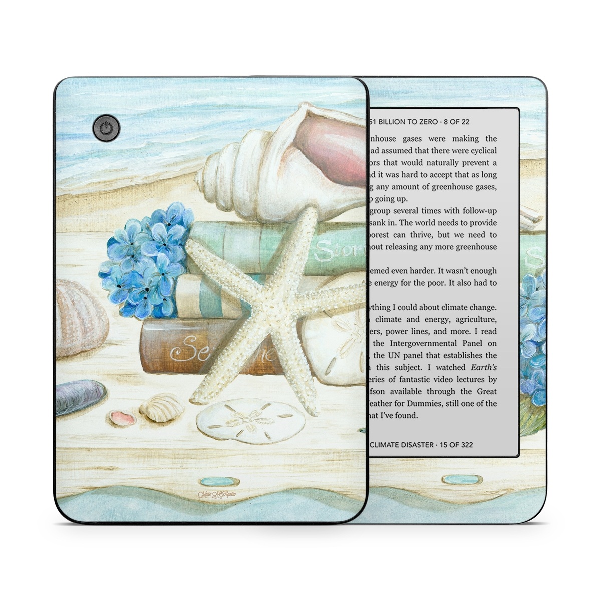 Kobo Clara 2E Skin design of Starfish, Shell, Hydrangea, Plant, Flower, Still life, Echinoderm, Cornales, with gray, green, blue, yellow colors