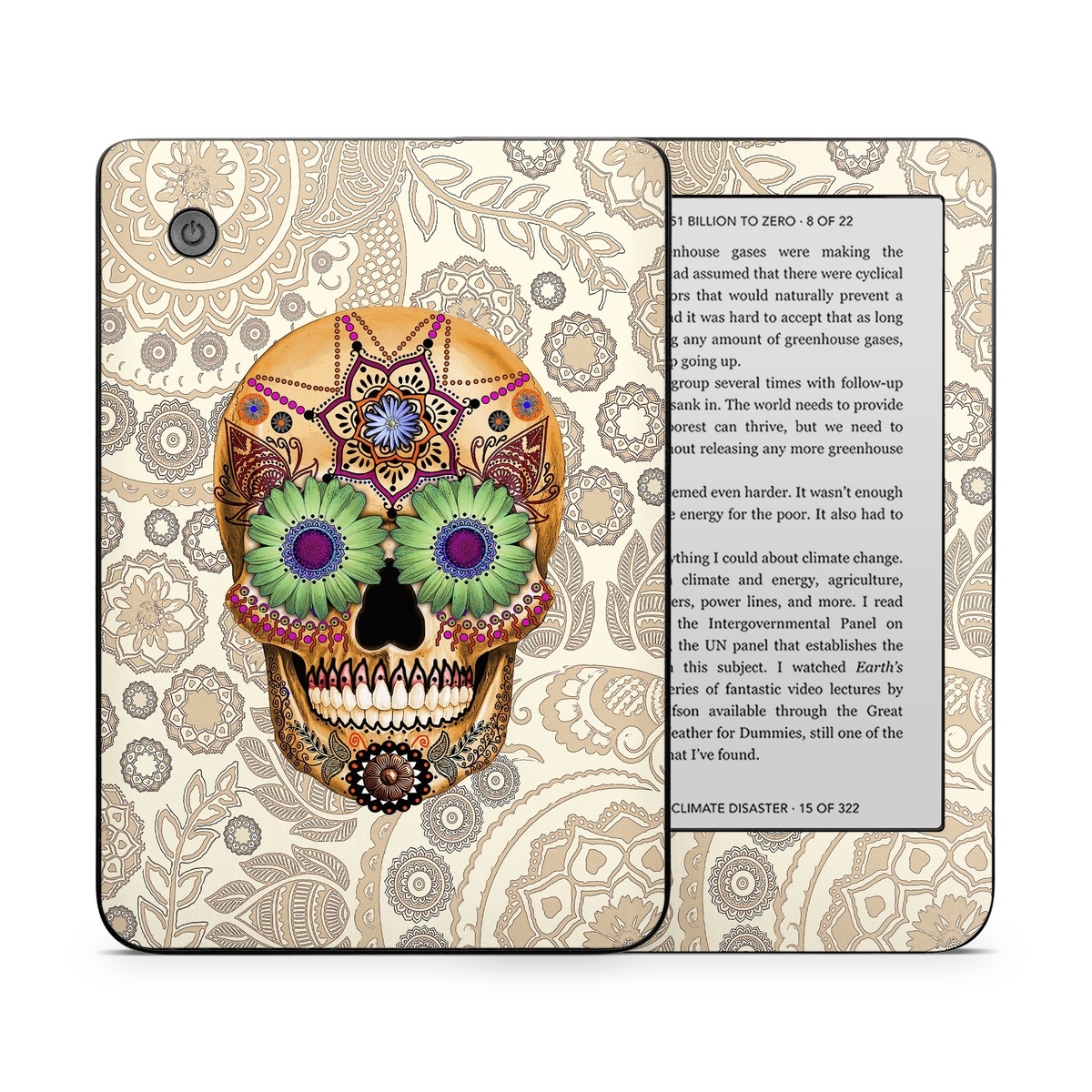 Kobo Clara 2E Skin design of Skull, Bone, Pattern, Design, Illustration, Visual arts, Fashion accessory, Art, with gray, yellow, green, black, red, pink colors