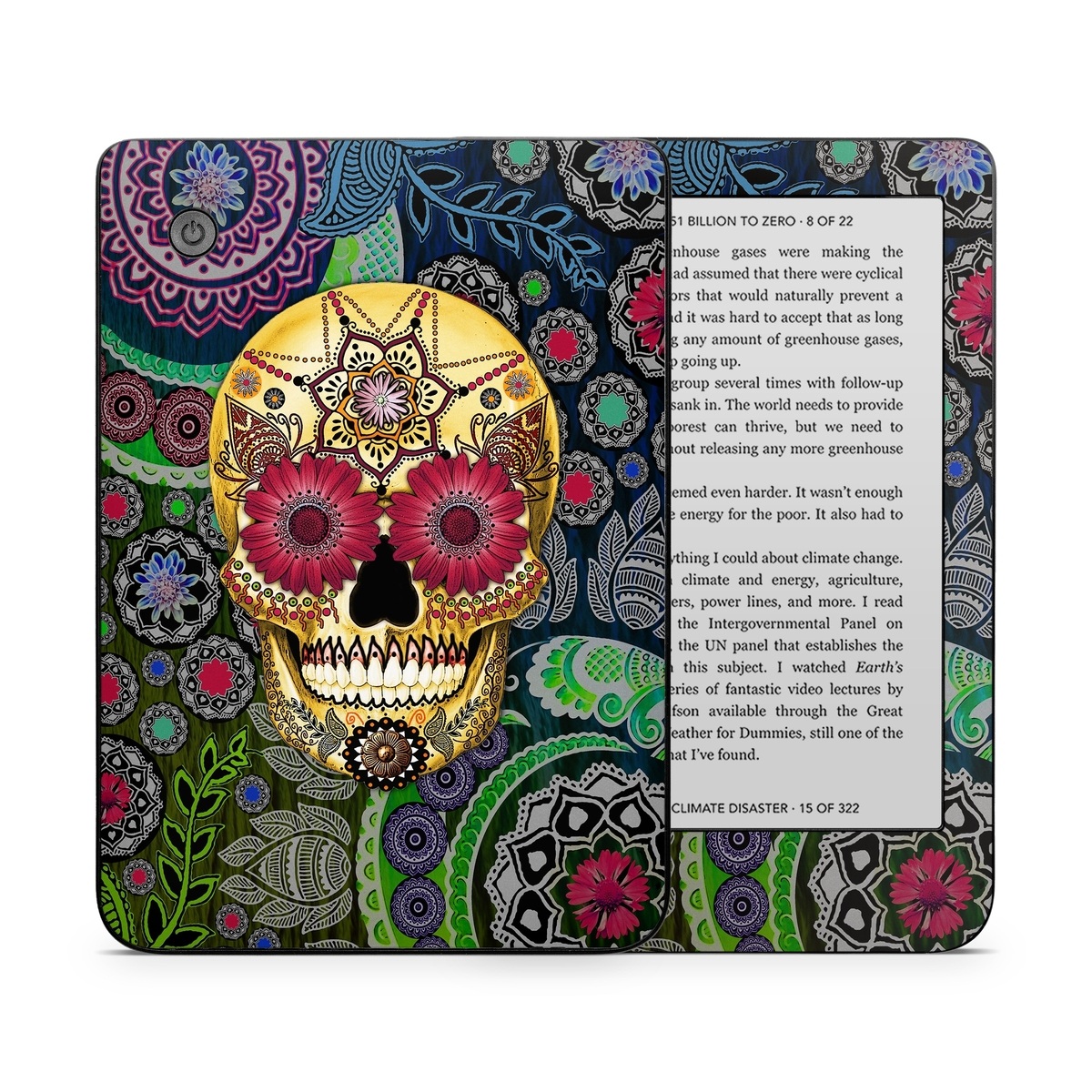 Kobo Clara 2E Skin design of Skull, Bone, Pattern, Psychedelic art, Visual arts, Design, Illustration, Art, Textile, Plant, with black, red, gray, green, blue colors