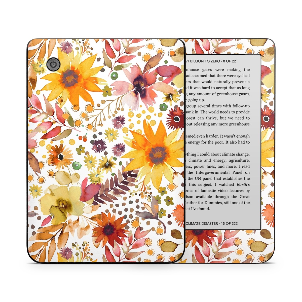 Kobo Clara 2E Skin design of Flower, Plant, Petal, Botany, Textile, Orange, Line, Groundcover, Creative arts, Flowering plant, with white, yellow, pink, green, brown, orange colors