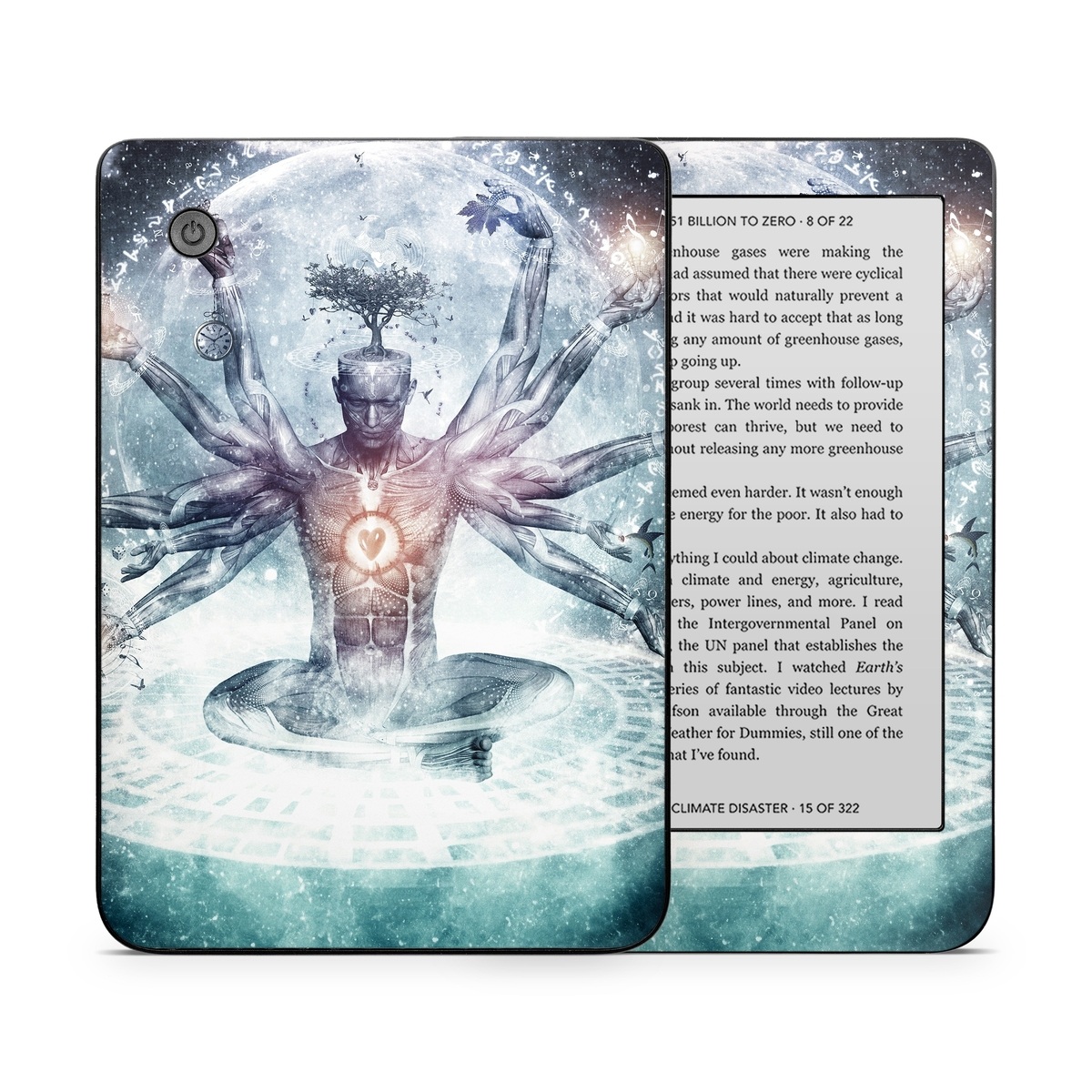 Kobo Clara 2E Skin design of Mythology, Cg artwork, Water, Illustration, Fictional character, Space, Graphics, Art, Graphic design, with blue, red, orange, black, white colors