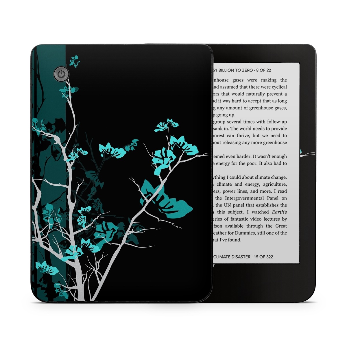 Kobo Clara 2E Skin design of Branch, Black, Blue, Green, Turquoise, Teal, Tree, Plant, Graphic design, Twig, with black, blue, gray colors