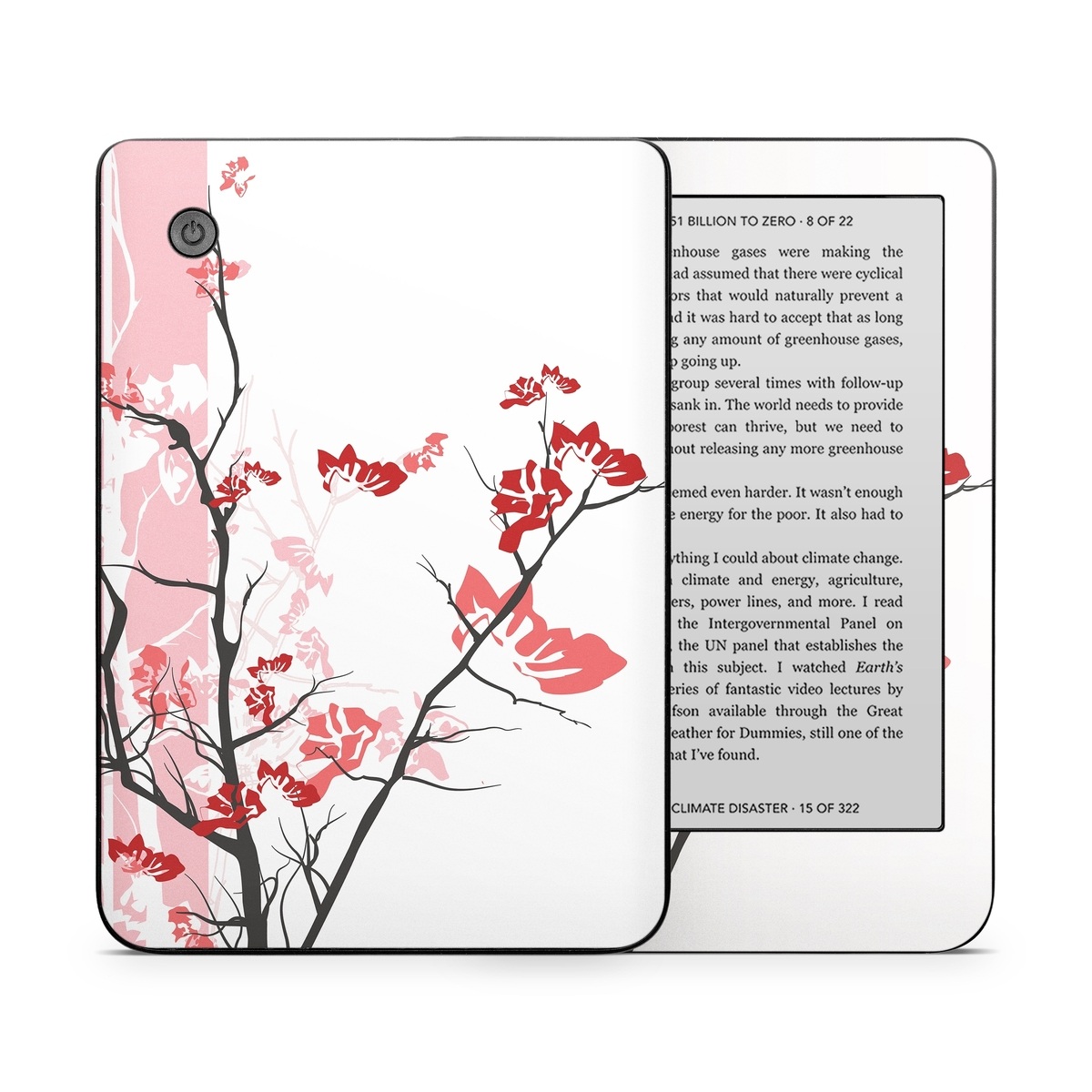 Kobo Clara 2E Skin design of Branch, Red, Flower, Plant, Tree, Twig, Blossom, Botany, Pink, Spring, with white, pink, gray, red, black colors