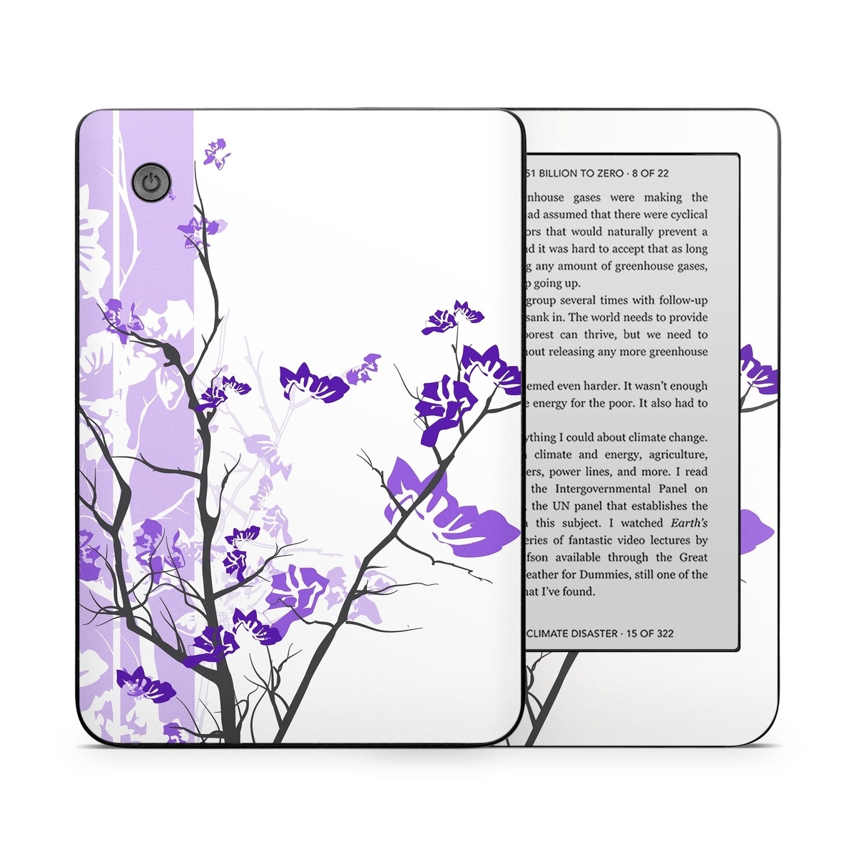 Kobo Clara 2E Skin design of Branch, Purple, Violet, Lilac, Lavender, Plant, Twig, Flower, Tree, Wildflower, with white, purple, gray, pink, black colors
