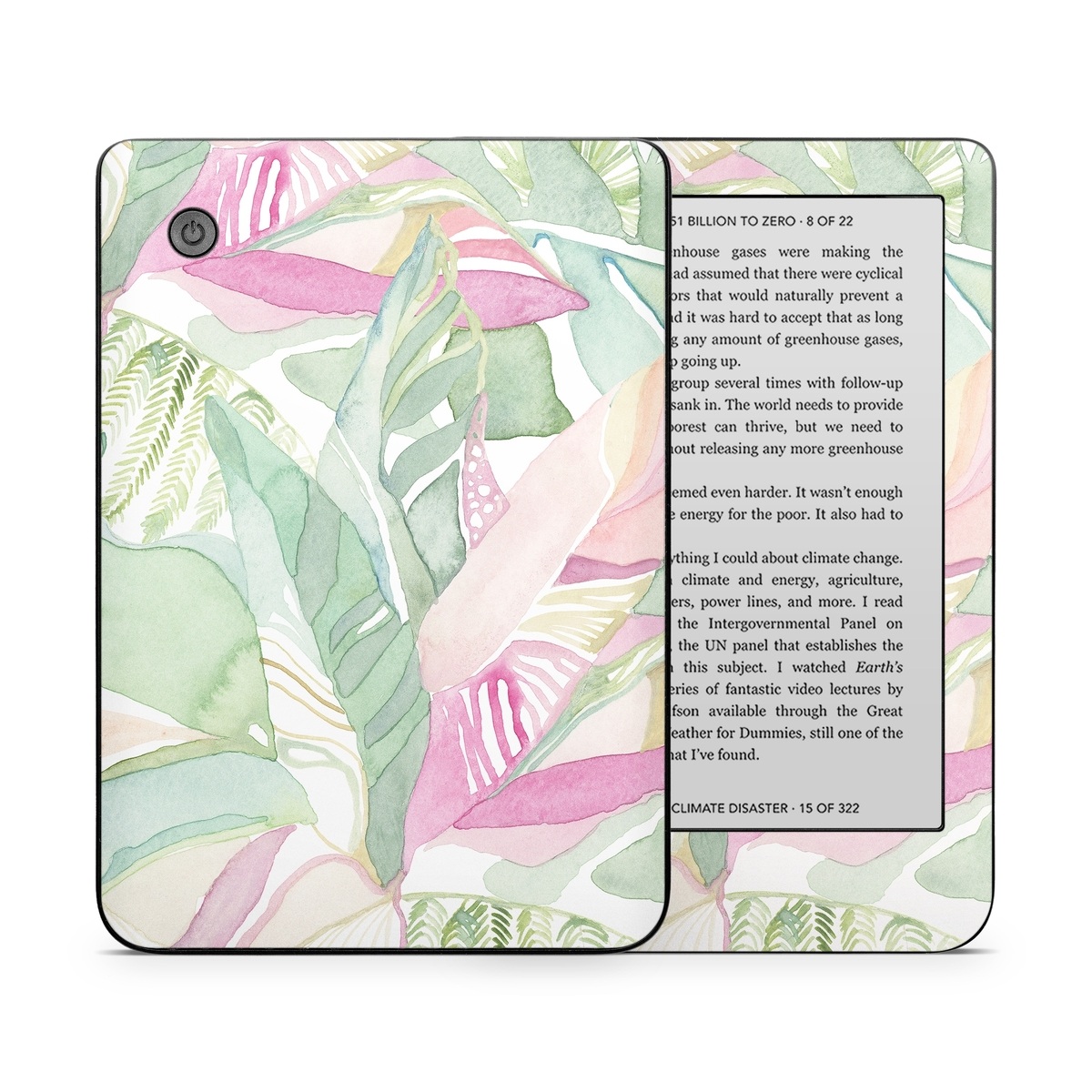 Kobo Clara 2E Skin design of Pink, Leaf, Botany, Pattern, Plant, Flower, Illustration, with white, green, pink, orange colors