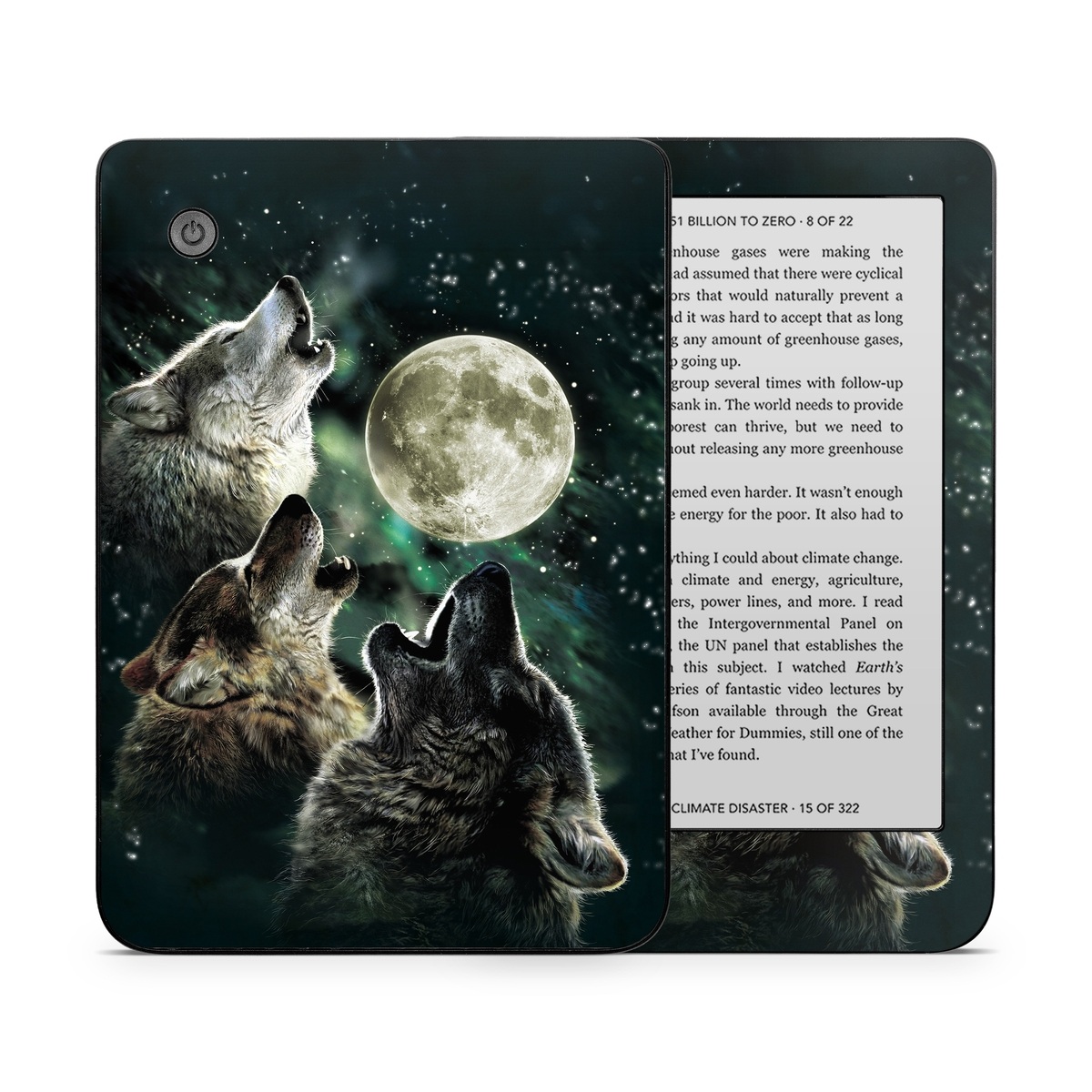Kobo Clara 2E Skin design of Wolf, Light, Astronomical object, Moon, Wildlife, Organism, Moonlight, Sky, Atmosphere, Celestial event, with black, gray, green colors