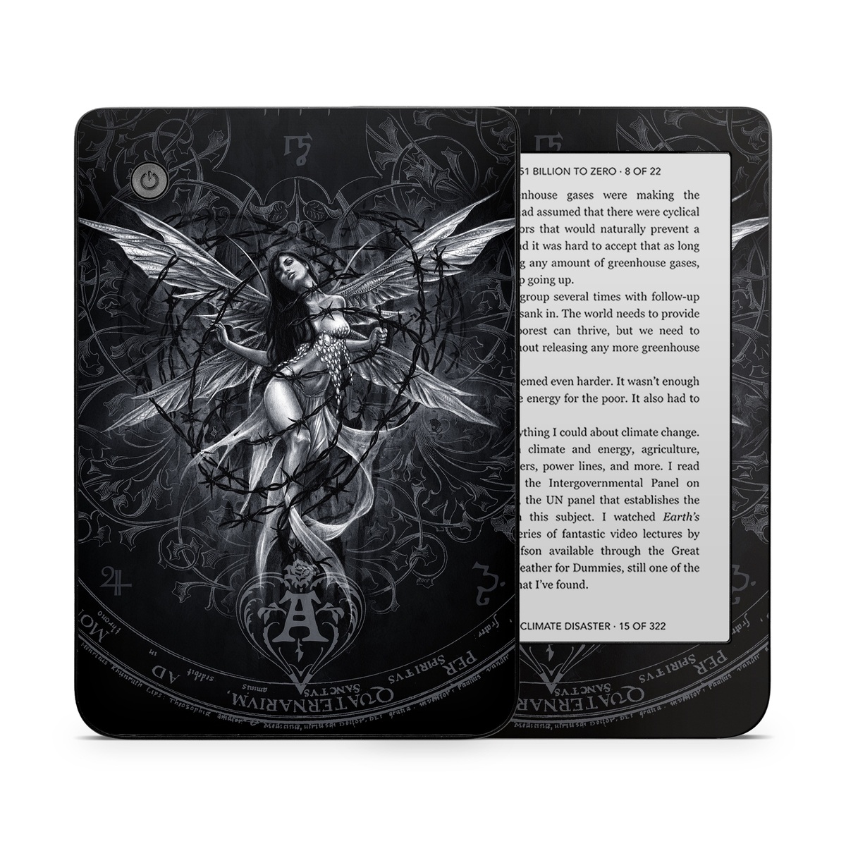 Kobo Clara 2E Skin design of Illustration, Graphic design, Darkness, Fictional character, Black-and-white, Pattern, Graphics, Mythical creature, Circle, Wing, with black, white colors