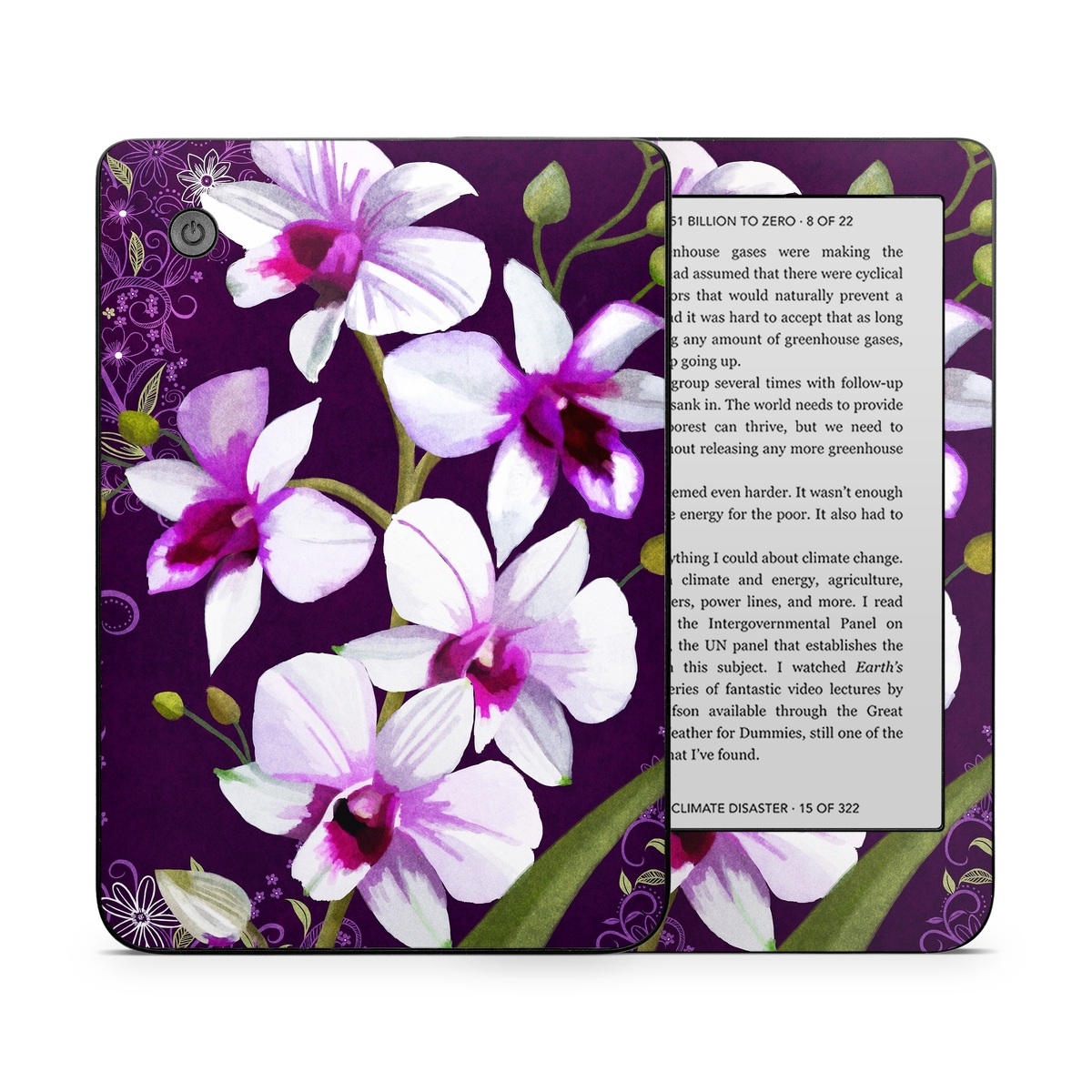Kobo Clara 2E Skin design of Flower, Purple, Petal, Violet, Lilac, Plant, Flowering plant, cooktown orchid, Botany, Wildflower, with black, gray, white, purple, pink colors