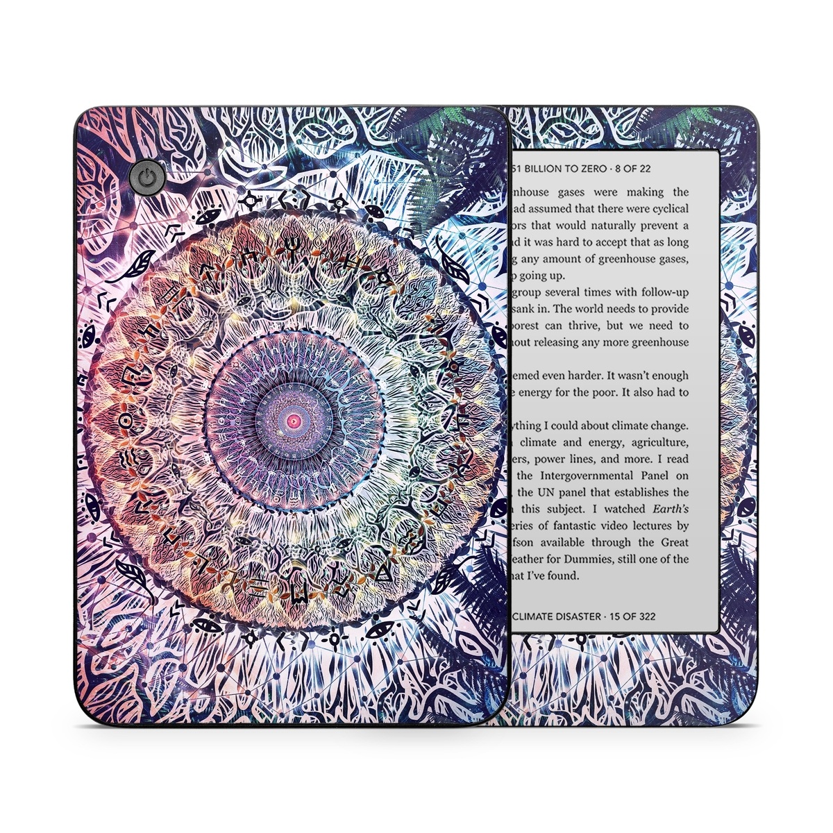 Kobo Clara 2E Skin design of Tapestry, Pattern, Art, Close-up, Circle, Fractal art, Textile, Eye, Design, Kaleidoscope, with blue, red, yellow, purple, green colors