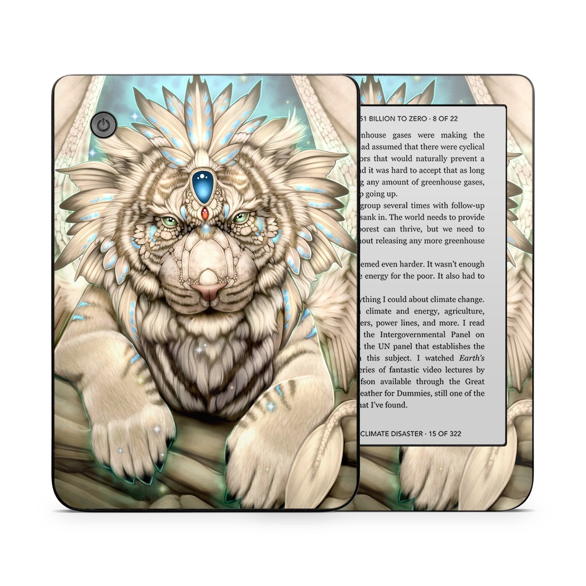 Kobo Clara 2E Skin design of Mythical creature, Sleeve, Textile, Gesture, Felidae, Tattoo, Big cats, Font, Temporary tattoo, Painting, with white, blue, black, gray colors