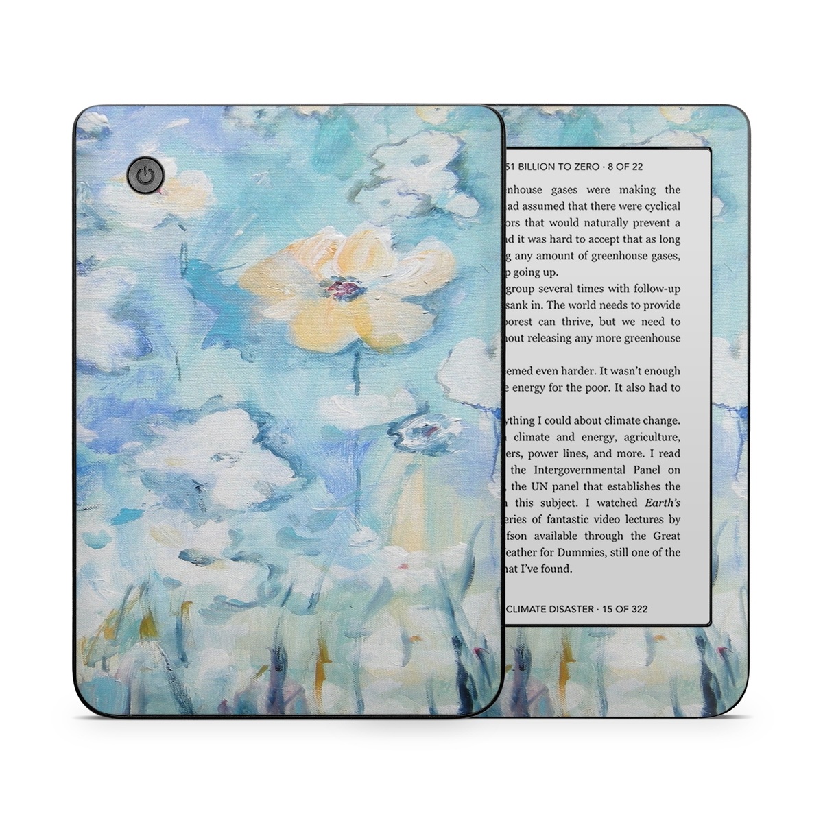 Kobo Clara 2E Skin design of Blue, Watercolor paint, Painting, Flower, Plant, Art, Acrylic paint, Wildflower, Visual arts, Floral design, with gray, blue colors