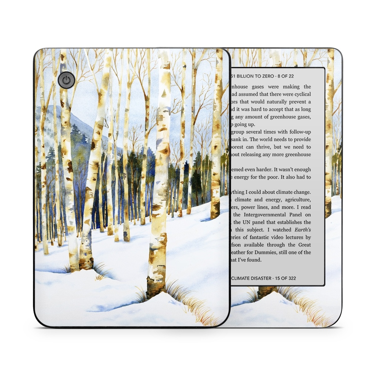 Kobo Clara 2E Skin design of Tree, Snow, Winter, Canoe birch, Nature, Birch, Forest, Natural environment, Freezing, Woody plant, with white, brown, black, gray colors