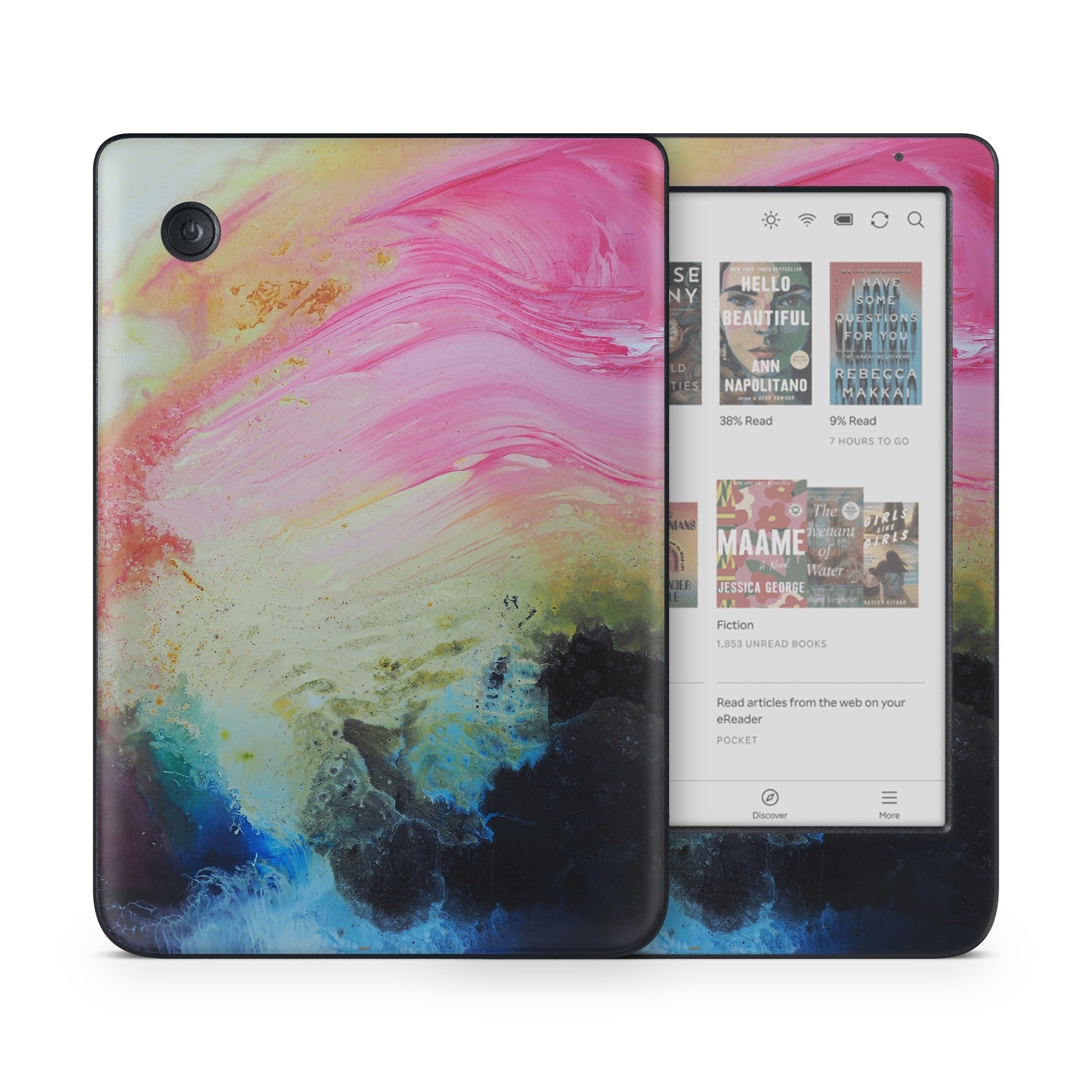 Kobo Clara Colour Skin design of Painting, Modern art, Acrylic paint, Art, Pink, Watercolor paint, Visual arts, Paint, Artwork, Magenta, with pink, yellow, orange, blue, black, red colors