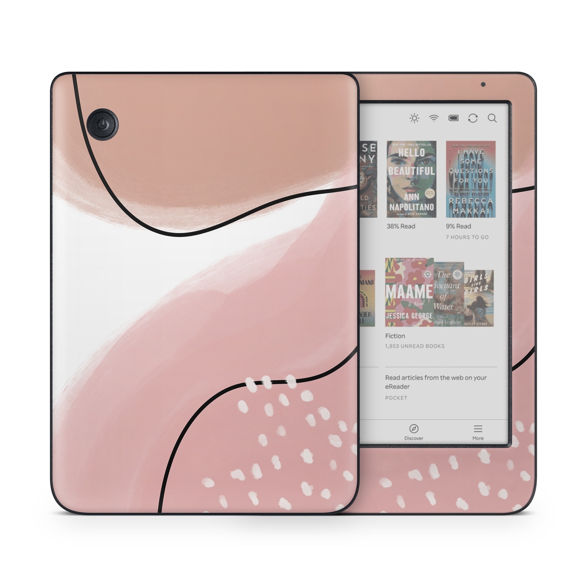 Kobo Clara Colour Skin design of Skin, Pink, Nose, Peach, Shoulder, Lip, Neck, Line, Joint, Ear, Footwear, Material Property, Clip Art, Graphics, Illustration, with white, pink, brown, black colors