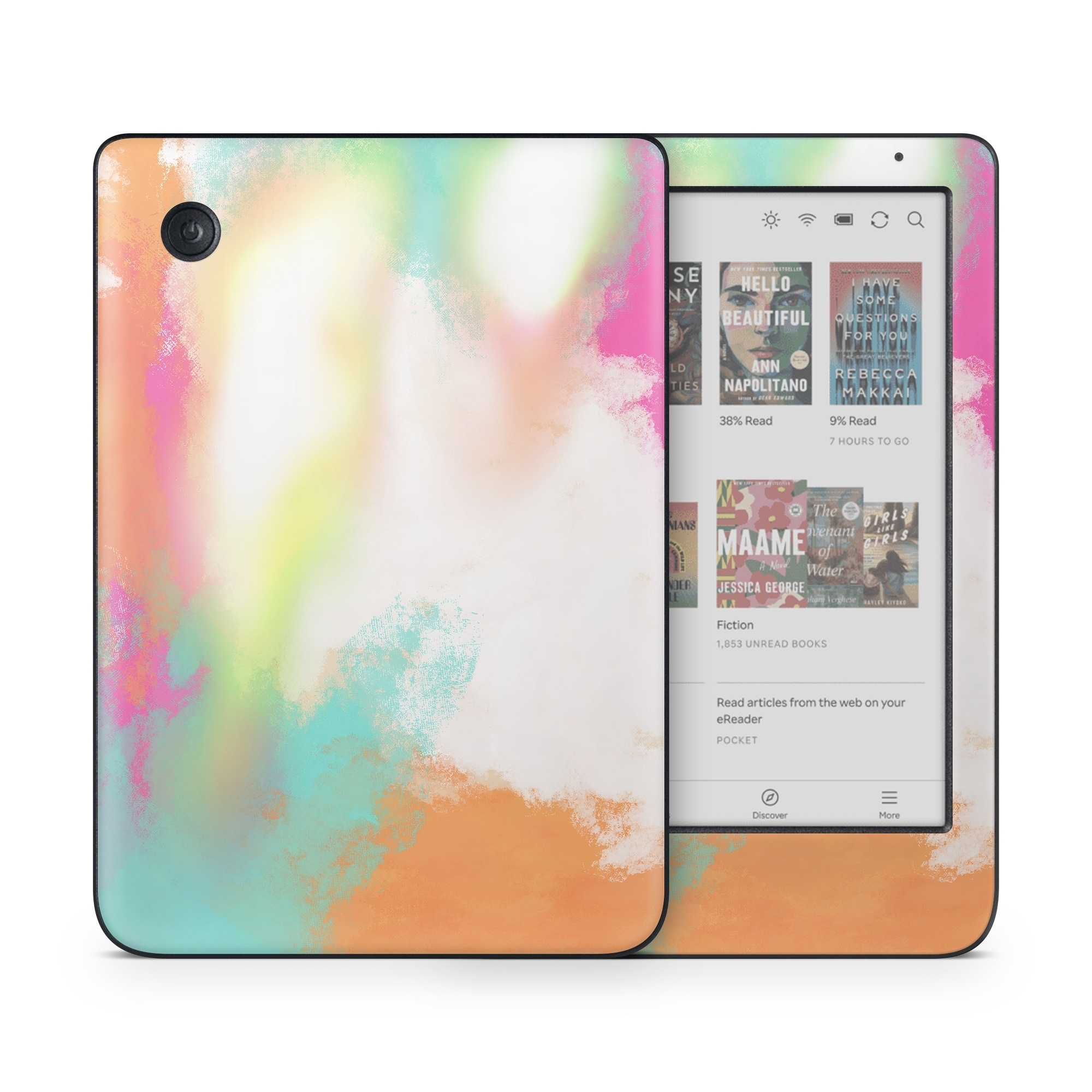 Kobo Clara Colour Skin design of Sky, Yellow, Orange, Pink, Art, Illustration, Visual Arts, Pattern, Colorfulness, Watercolor Paint, with white, pink, orange, yellow, blue, brown colors