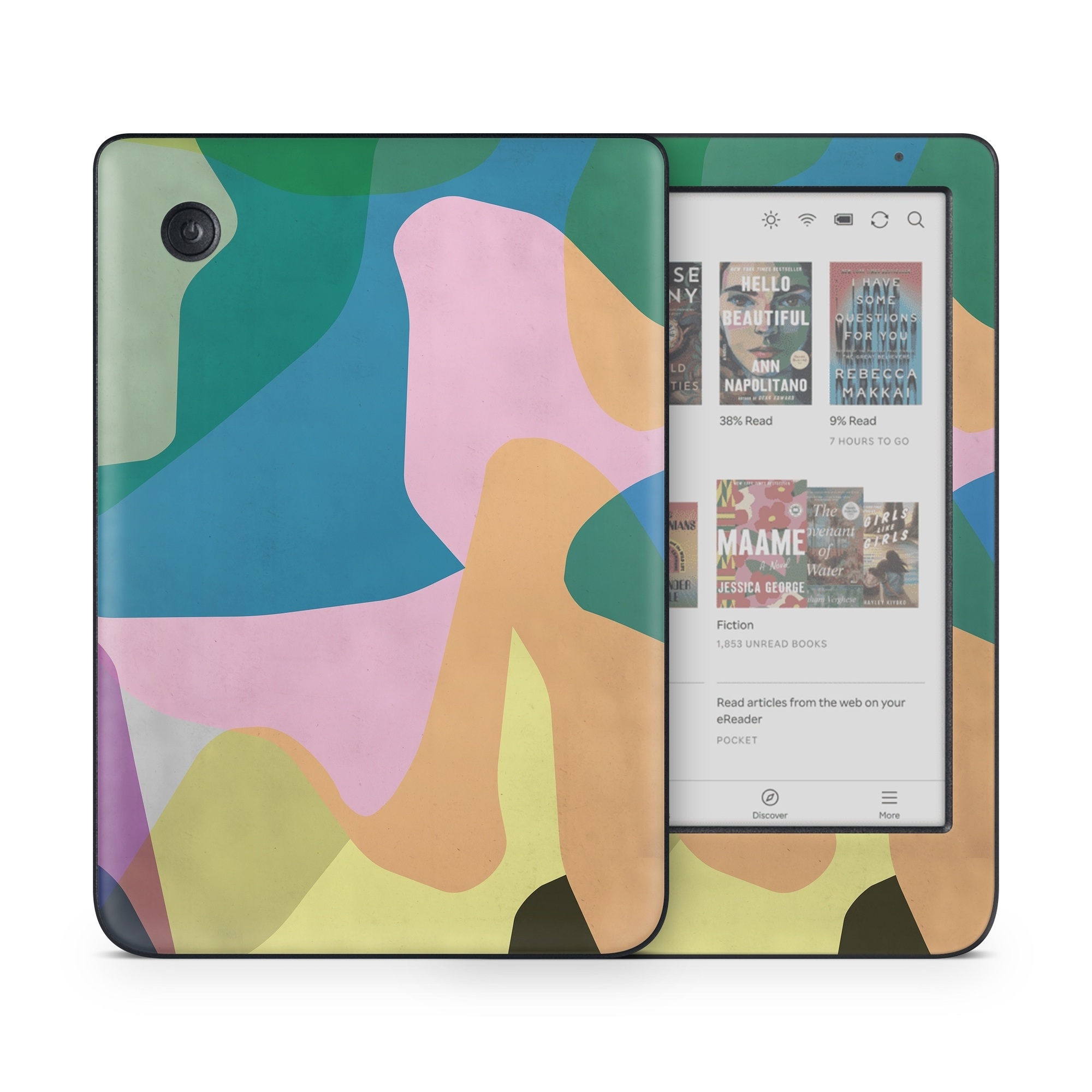 Kobo Clara Colour Skin design of Azure, Paint, Textile, Organism, Art, Painting, Aqua, Font, Rectangle, Tints and shades, with blue, green, pink, yellow, orange, purple, gray colors