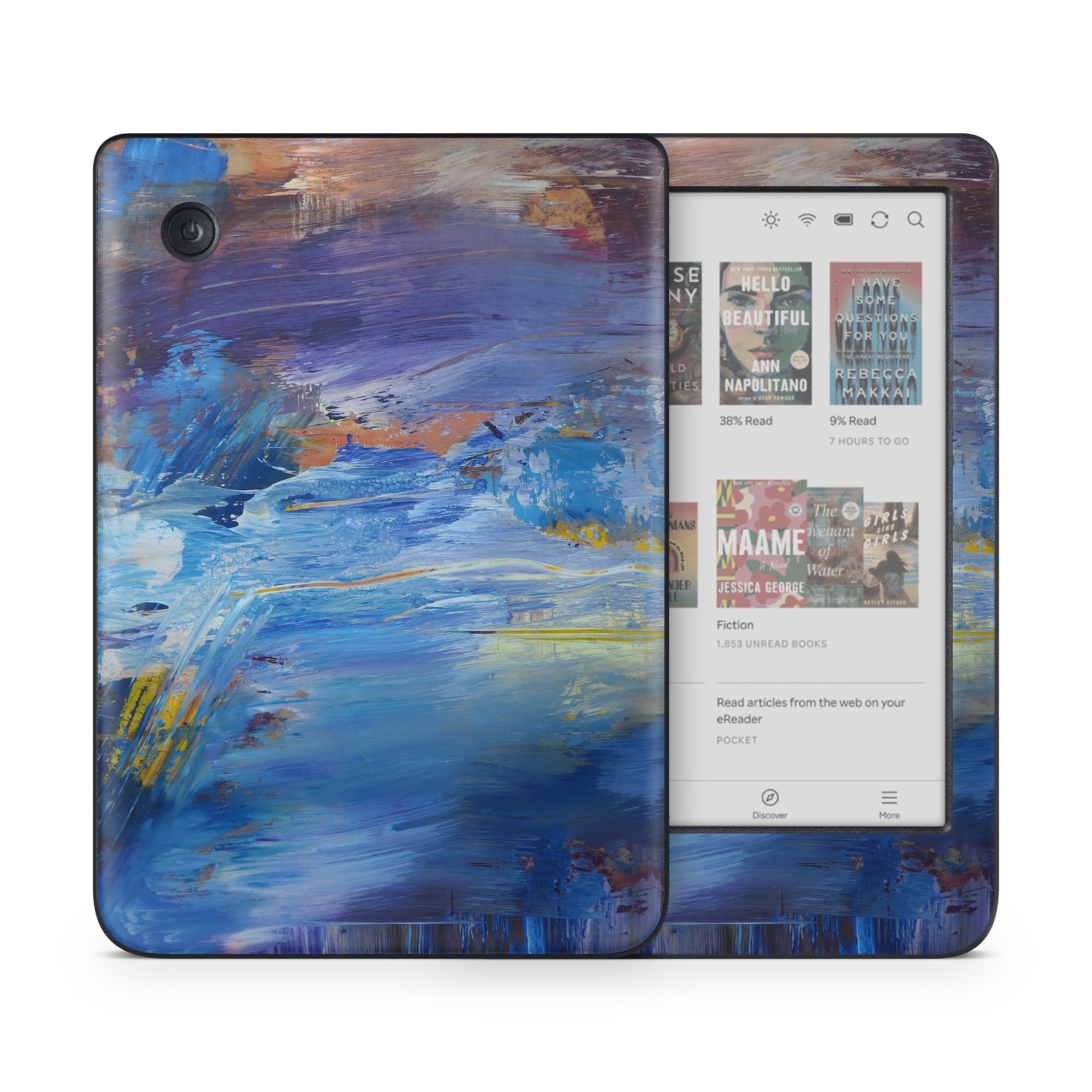 Kobo Clara Colour Skin design of Painting, Blue, Modern art, Acrylic paint, Sky, Watercolor paint, Art, Visual arts, Paint, Electric blue, with blue, purple, yellow, brown, orange, black colors