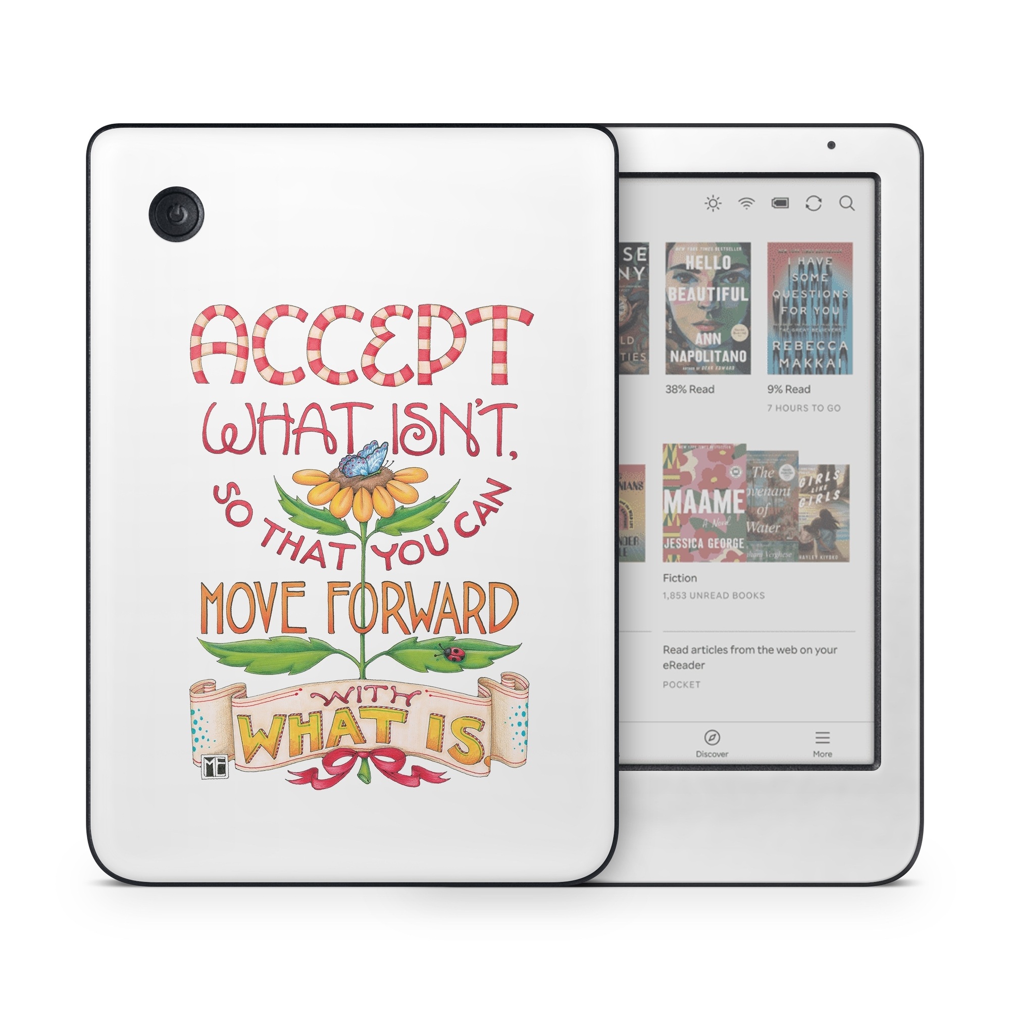 Kobo Clara Colour Skin design of Butterfly, Sun-Flower, Leaves, with white, red, green, brown, yellow, blue, orange, black colors