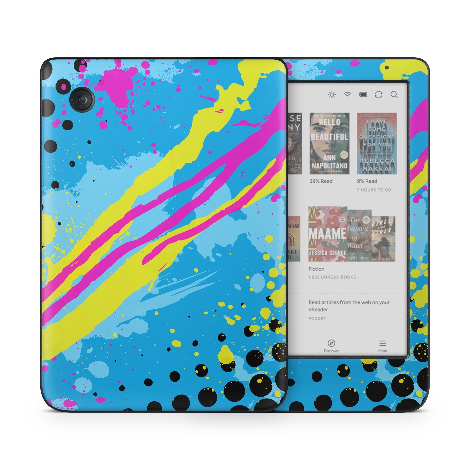 Kobo Clara Colour Skin design of Blue, Colorfulness, Graphic design, Pattern, Water, Line, Design, Graphics, Illustration, Visual arts, with blue, black, yellow, pink colors