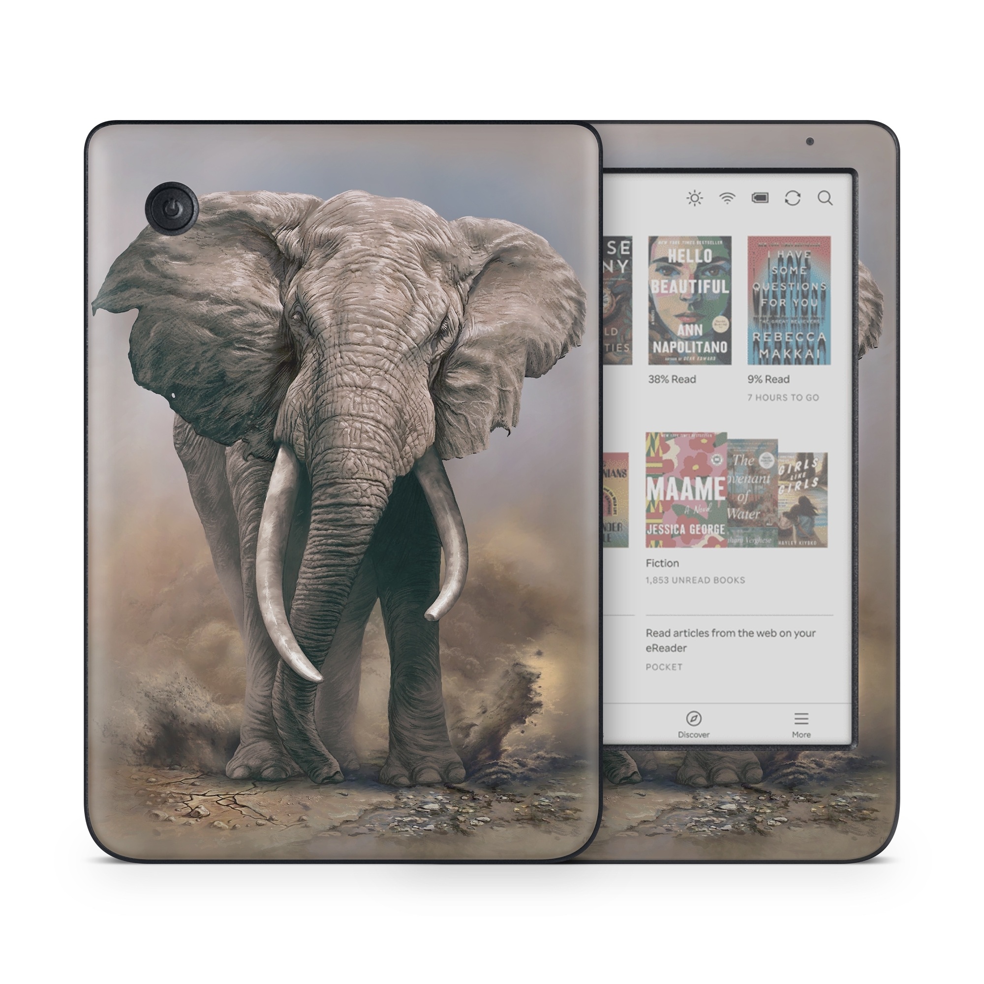 Kobo Clara Colour Skin design of Elephants and Mammoths, Terrestrial animal, Indian elephant, African elephant, Wildlife, Tusk, Snout, Organism, Working animal, Illustration, with brown, gray, white colors