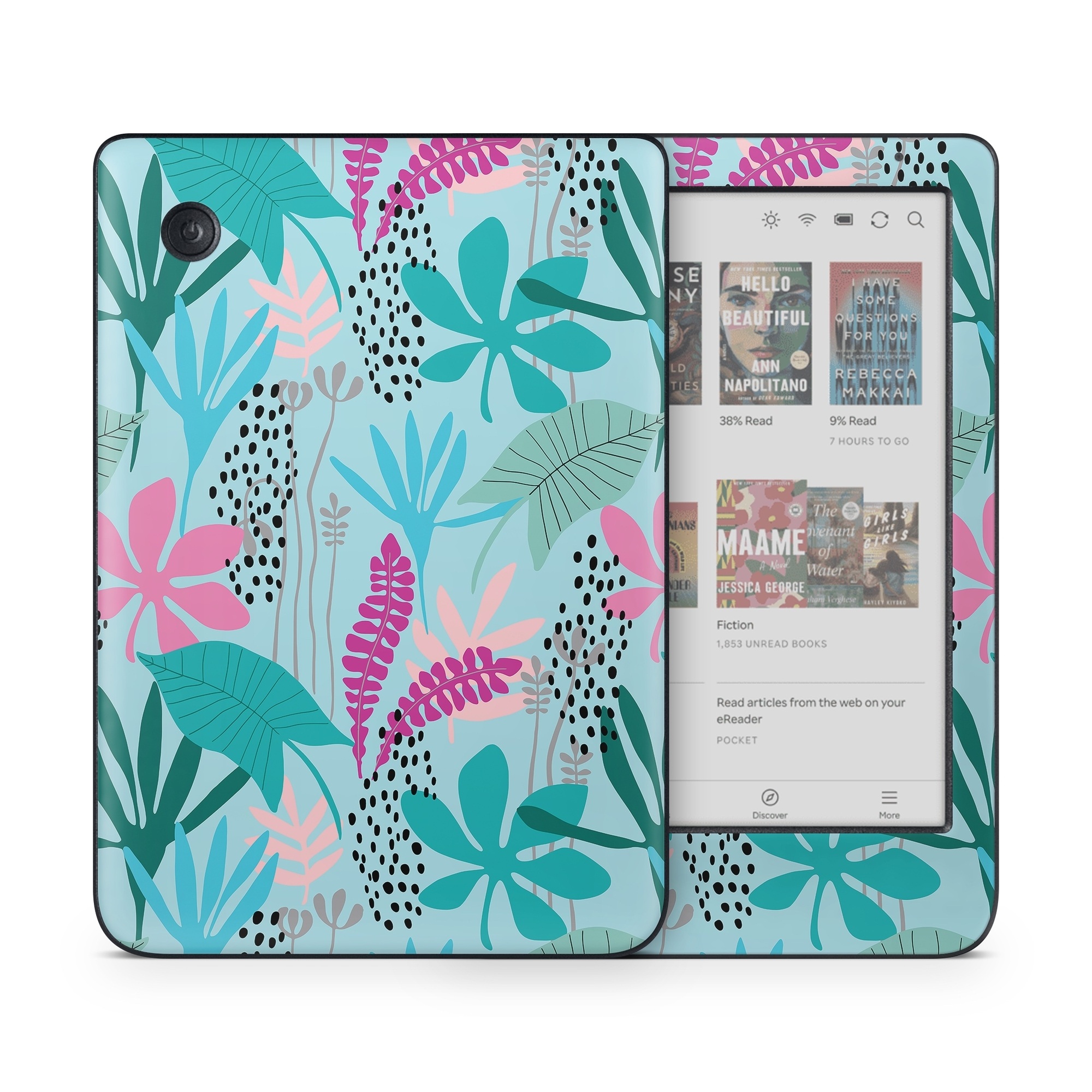 Kobo Clara Colour Skin design of White, Leaf, Botany, Green, Textile, Branch, Organism, Plant, Font, Pink, with blue, green, pink, purple, black, gray colors