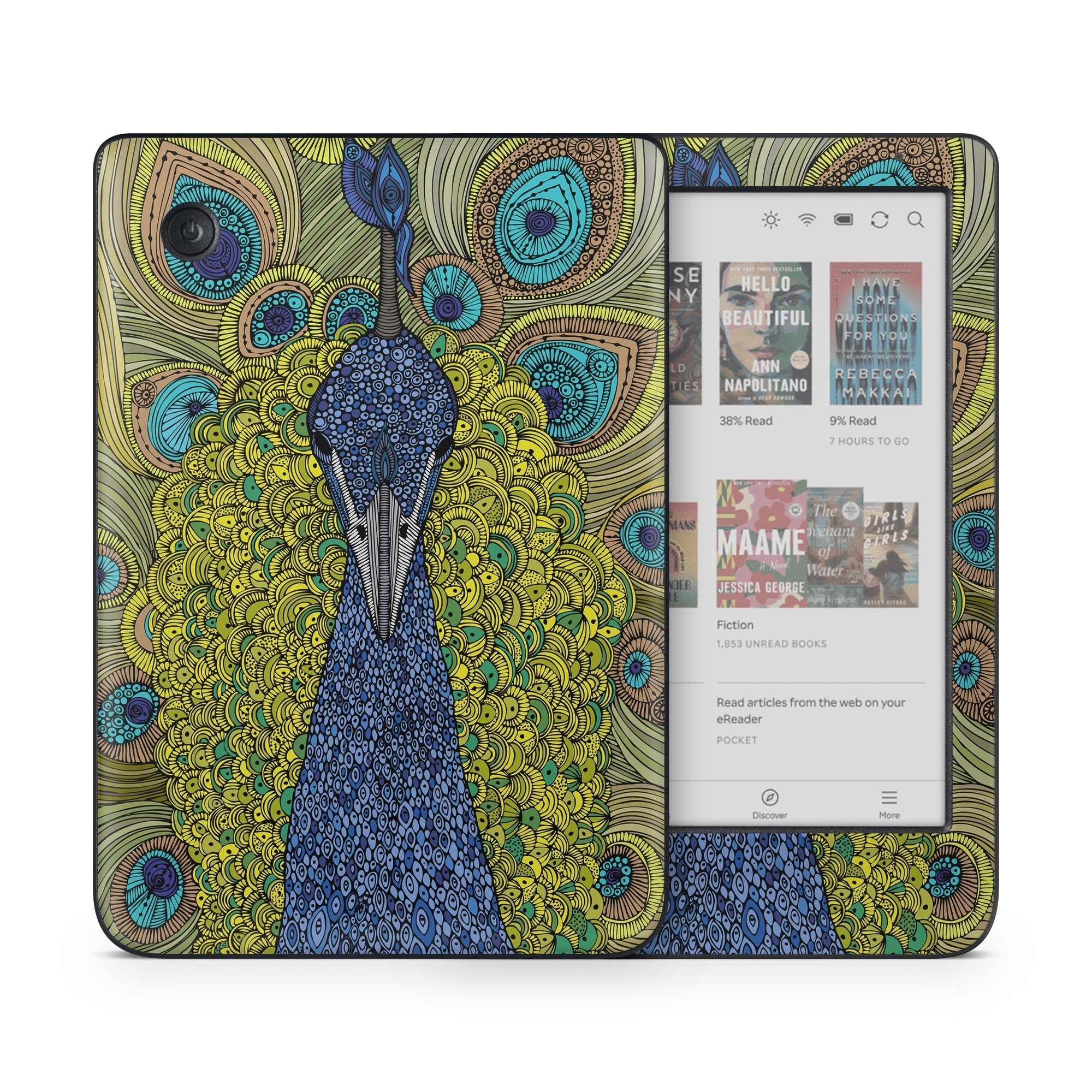 Kobo Clara Colour Skin design of Peafowl, Bird, Feather, Pattern, Art, Phasianidae, Galliformes, Design, Psychedelic art, Symmetry, with green, blue, yellow colors