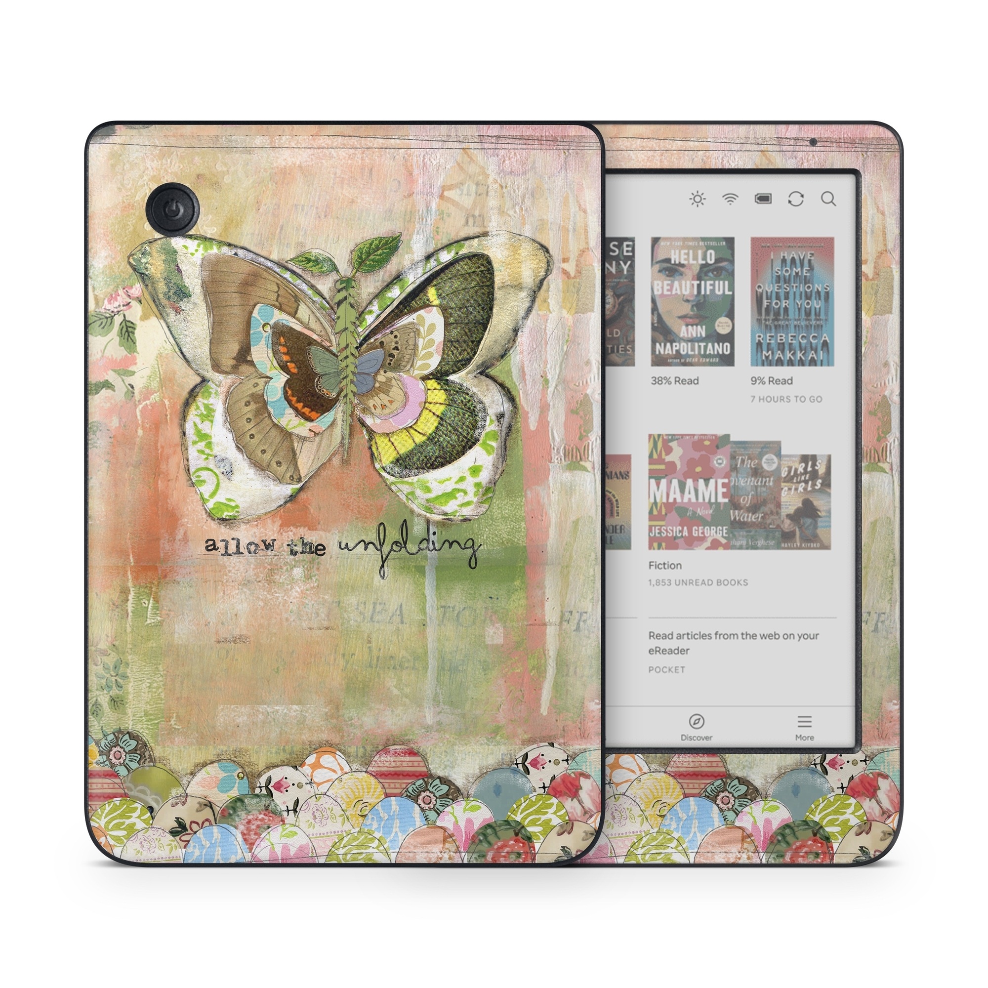 Kobo Clara Colour Skin design of Butterfly, Art, Fictional character, Pollinator, Moths and butterflies, Watercolor paint, Illustration, with green, brown, yellow, blue, pink, red colors