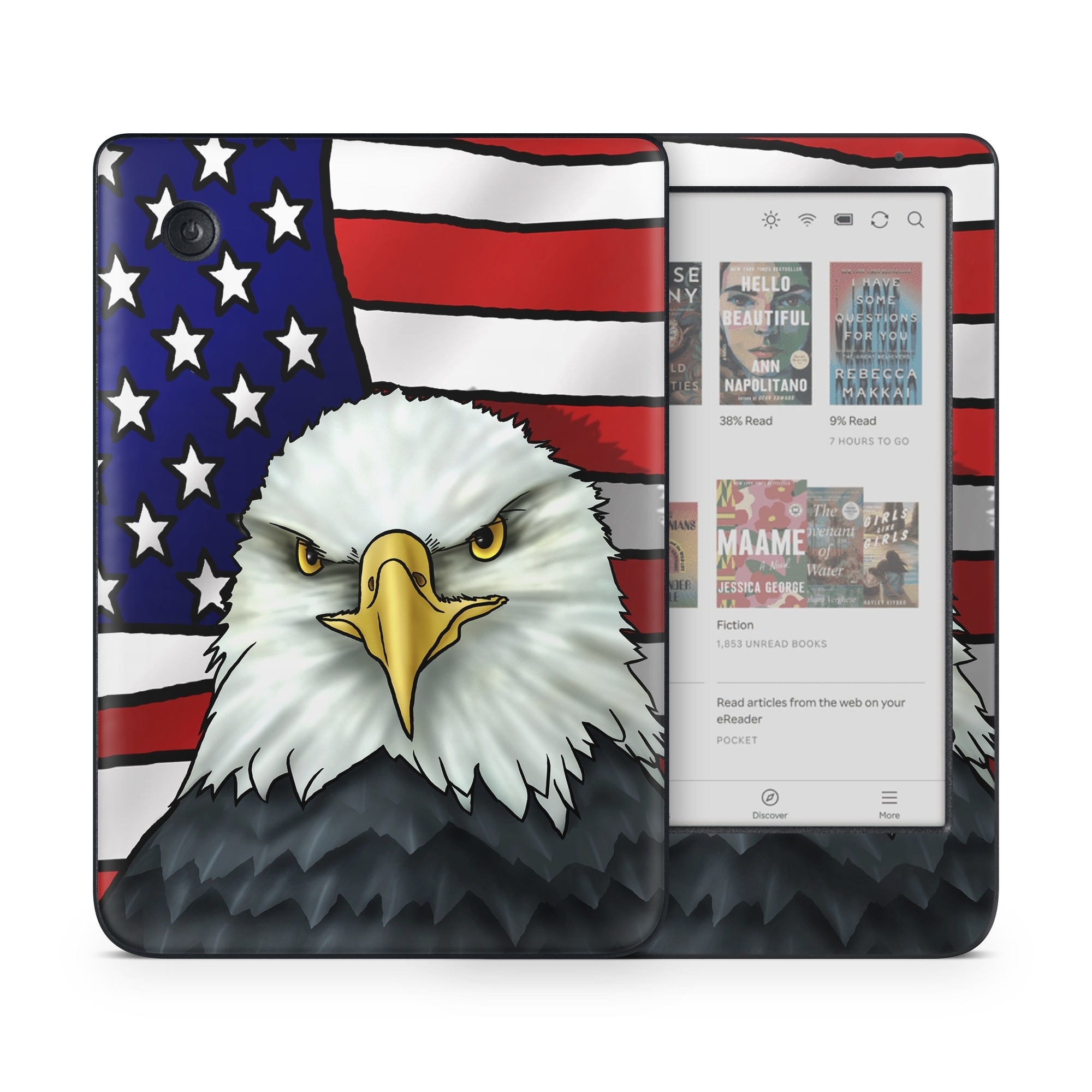 Kobo Clara Colour Skin design of Bald eagle, Eagle, Bird, Bird of prey, Accipitridae, Beak, Accipitriformes, Sea eagle, Flag, with white, gray, blue, yellow, red colors