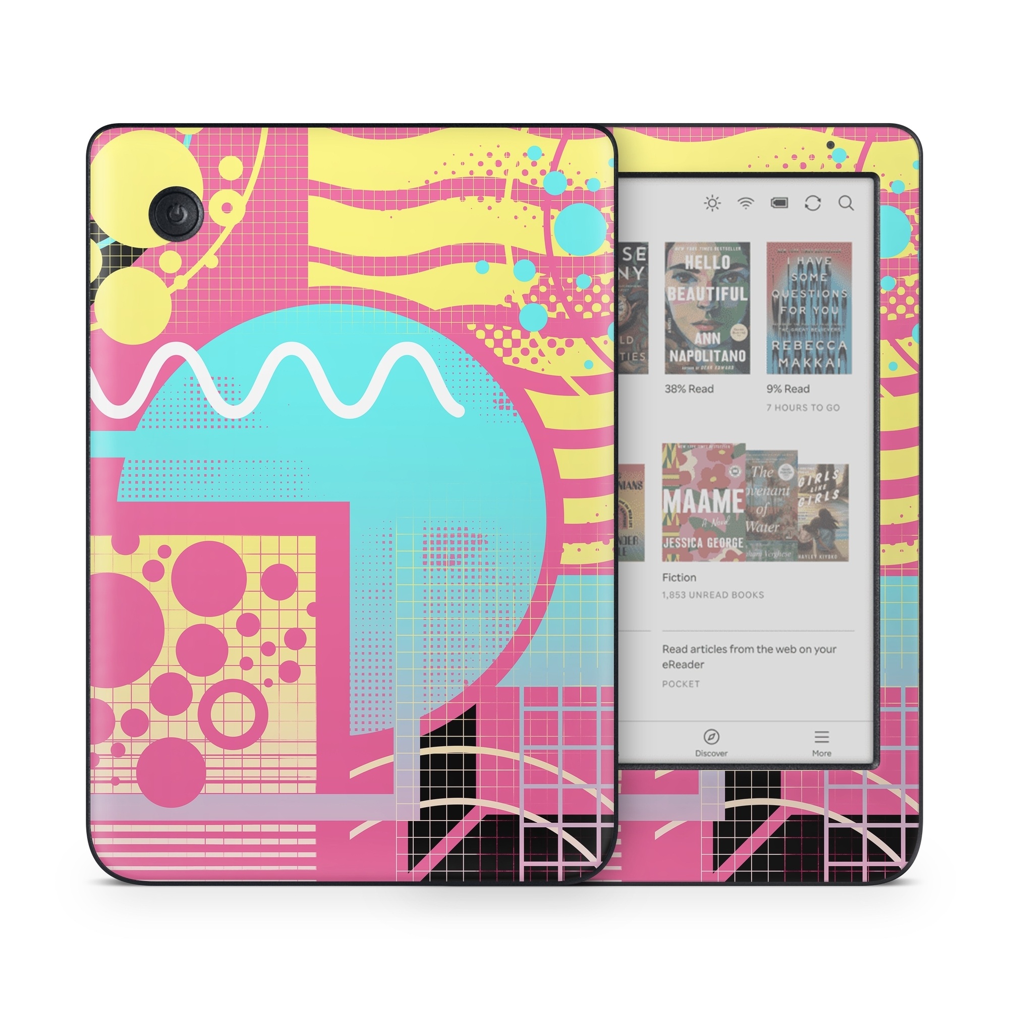 Kobo Clara Colour Skin design of Textile, Organism, Font, Art, Pink, Rectangle, Line, Aqua, Magenta, Circle, with pink, yellow, blue, black, white colors