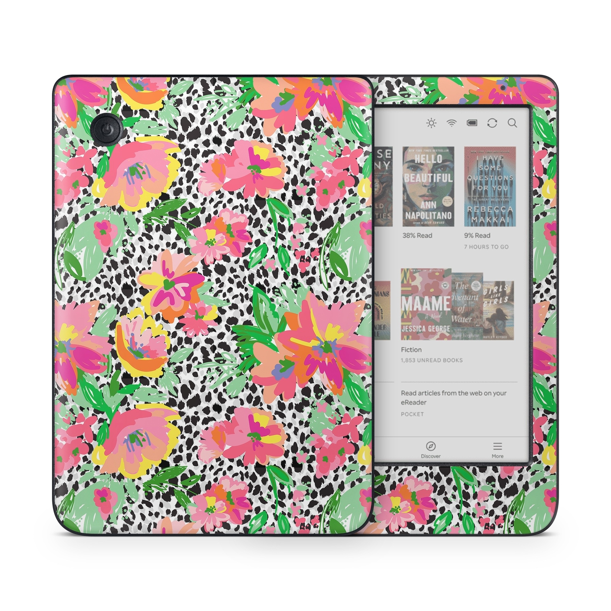 Kobo Clara Colour Skin design of Flower, Petal, Textile, Pink, Creative arts, Art, Magenta, Pattern, Plant, Symmetry, with pink, orange, yellow, purple, green, black, white colors