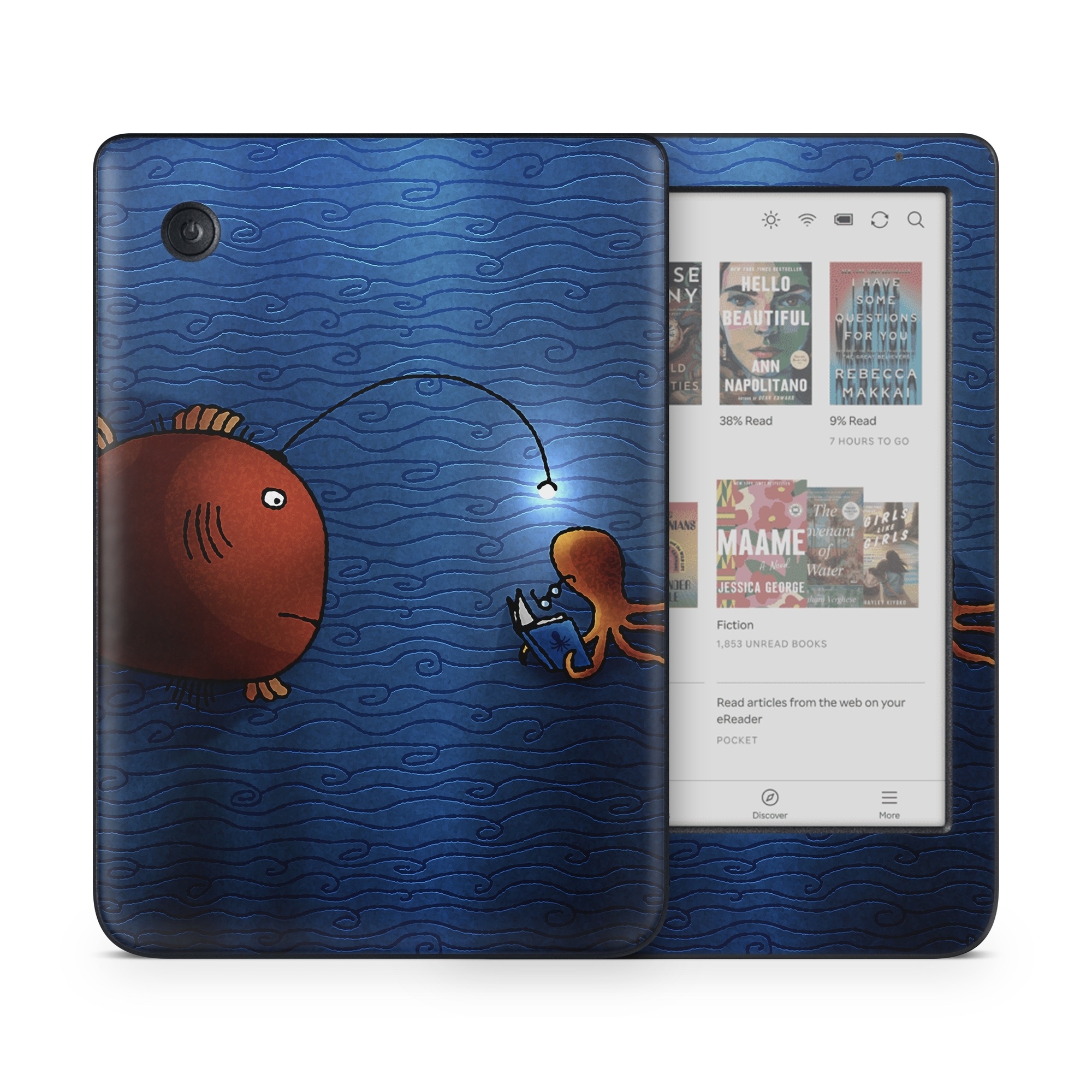 Kobo Clara Colour Skin design of Deep sea fish, Anglerfish, Illustration, Fish, Animation, Art, with blue, red colors