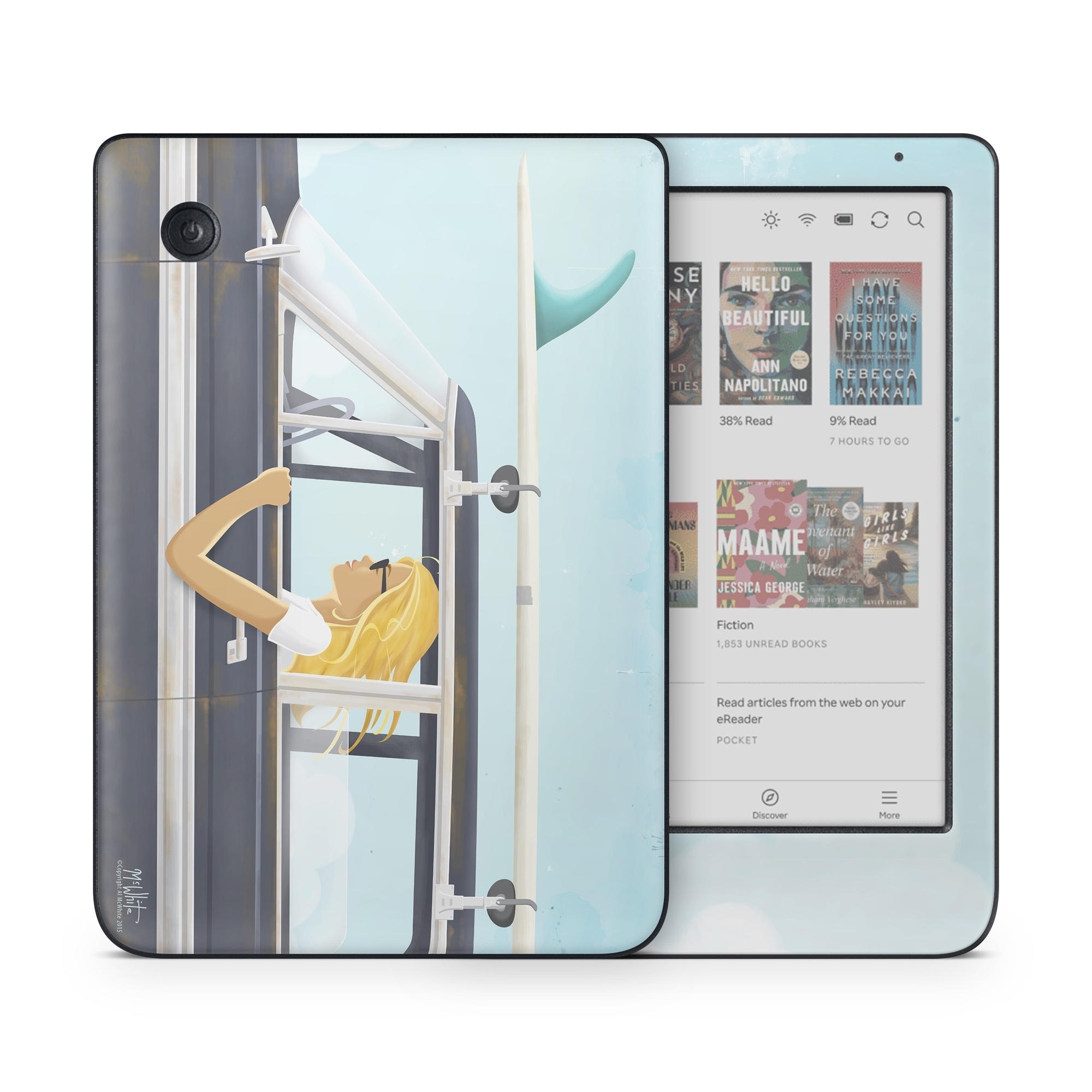 Kobo Clara Colour Skin design of Vehicle door, Vehicle, Automotive exterior, Automotive design, Car, Headgear, Windshield, Dress, Automotive window part, Family car, with blue, white, gray, yellow colors