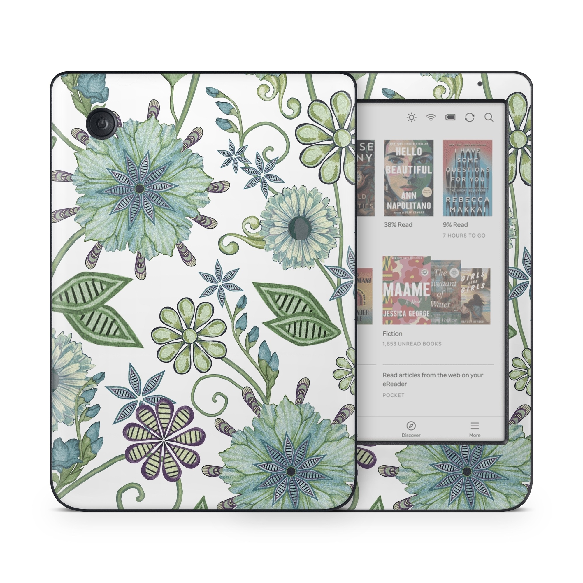 Kobo Clara Colour Skin design of Green, Pattern, Flower, Botany, Plant, Leaf, Design, Wildflower, with white, green, blue colors
