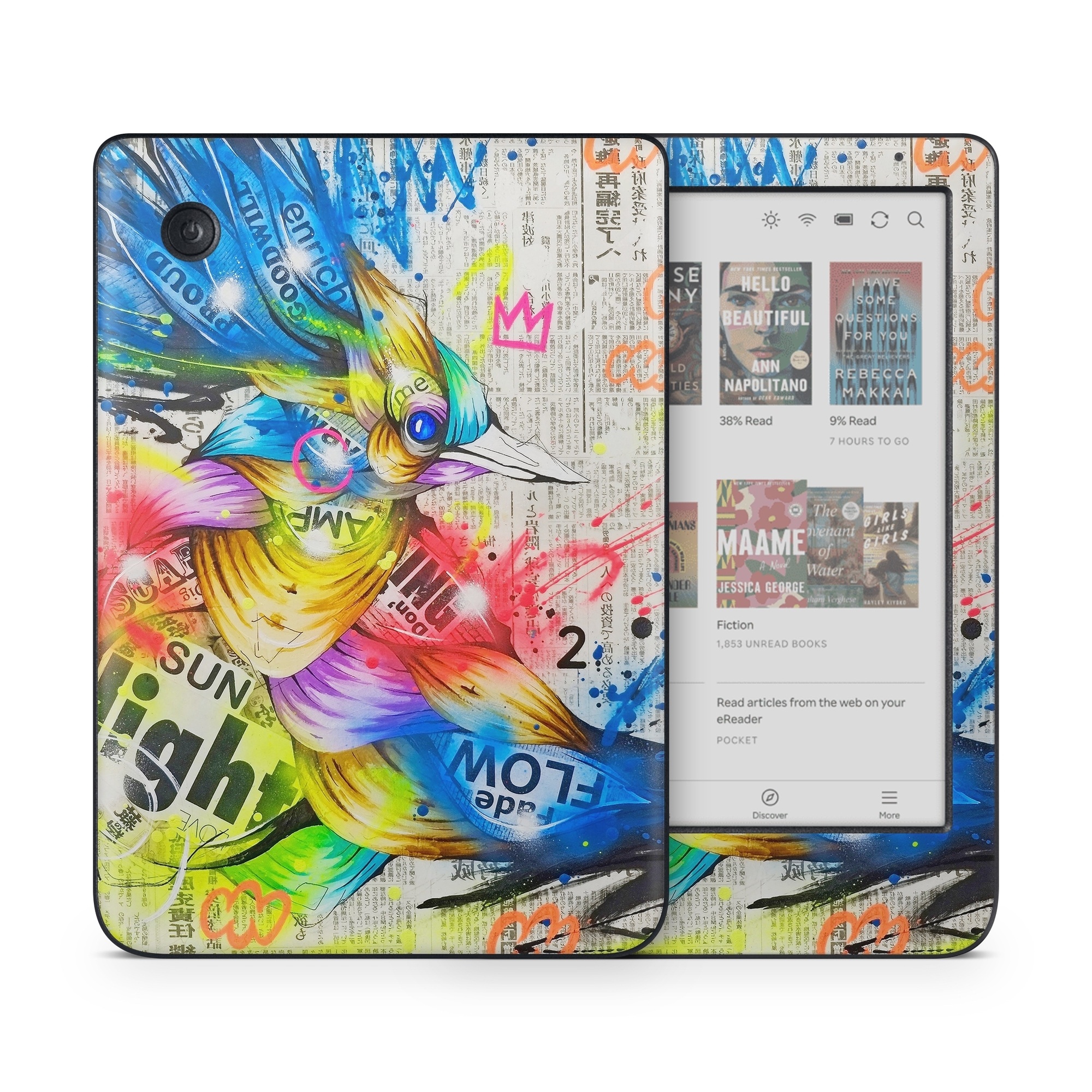 Kobo Clara Colour Skin design of Graphic design, Font, Art, Graphics, Illustration, with blue, red, orange, pink, white, black, yellow, green colors