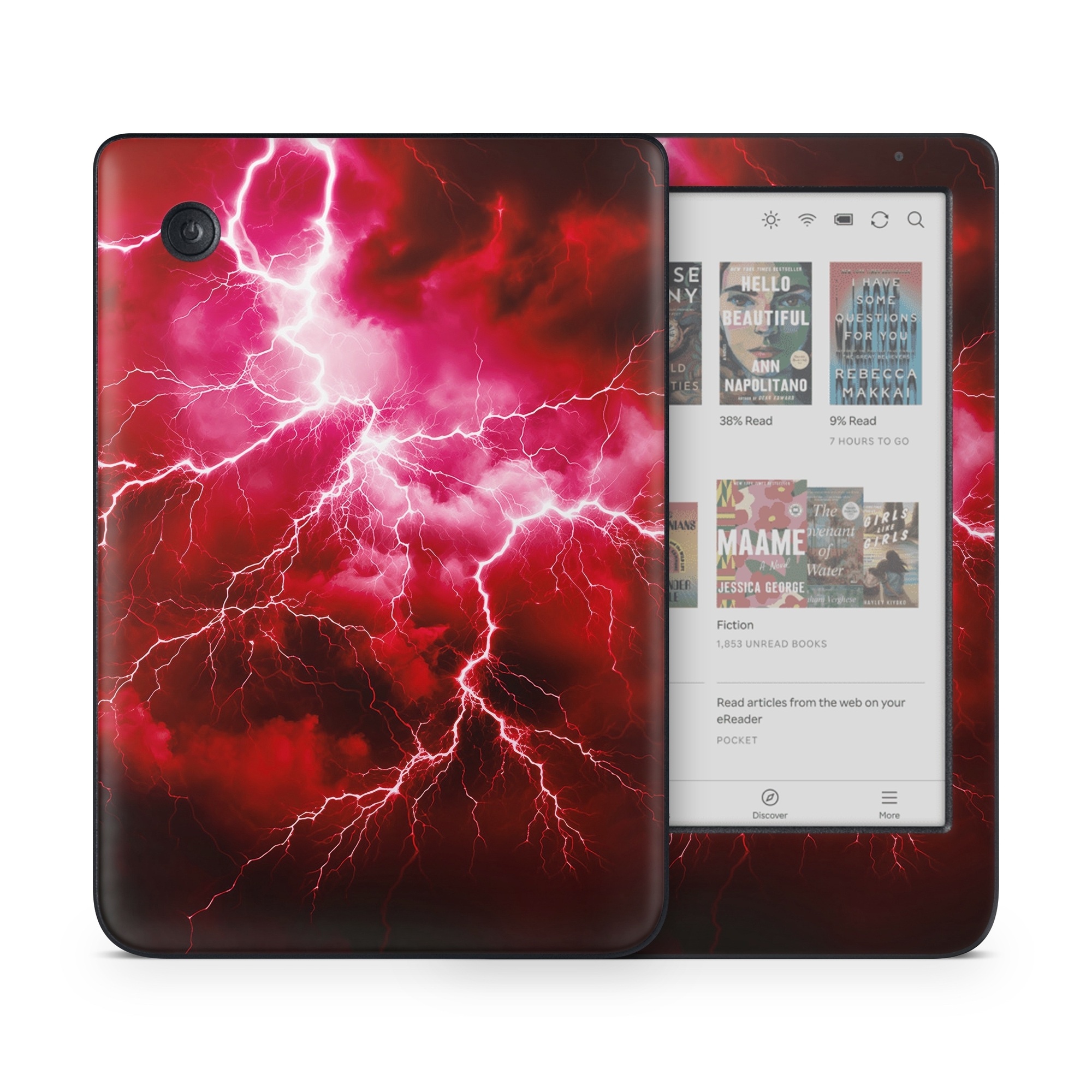 Kobo Clara Colour Skin design of Thunder, Atmosphere, Sky, Light, Purple, Lighting, Water, Thunderstorm, Electricity, Pink, with black, red colors