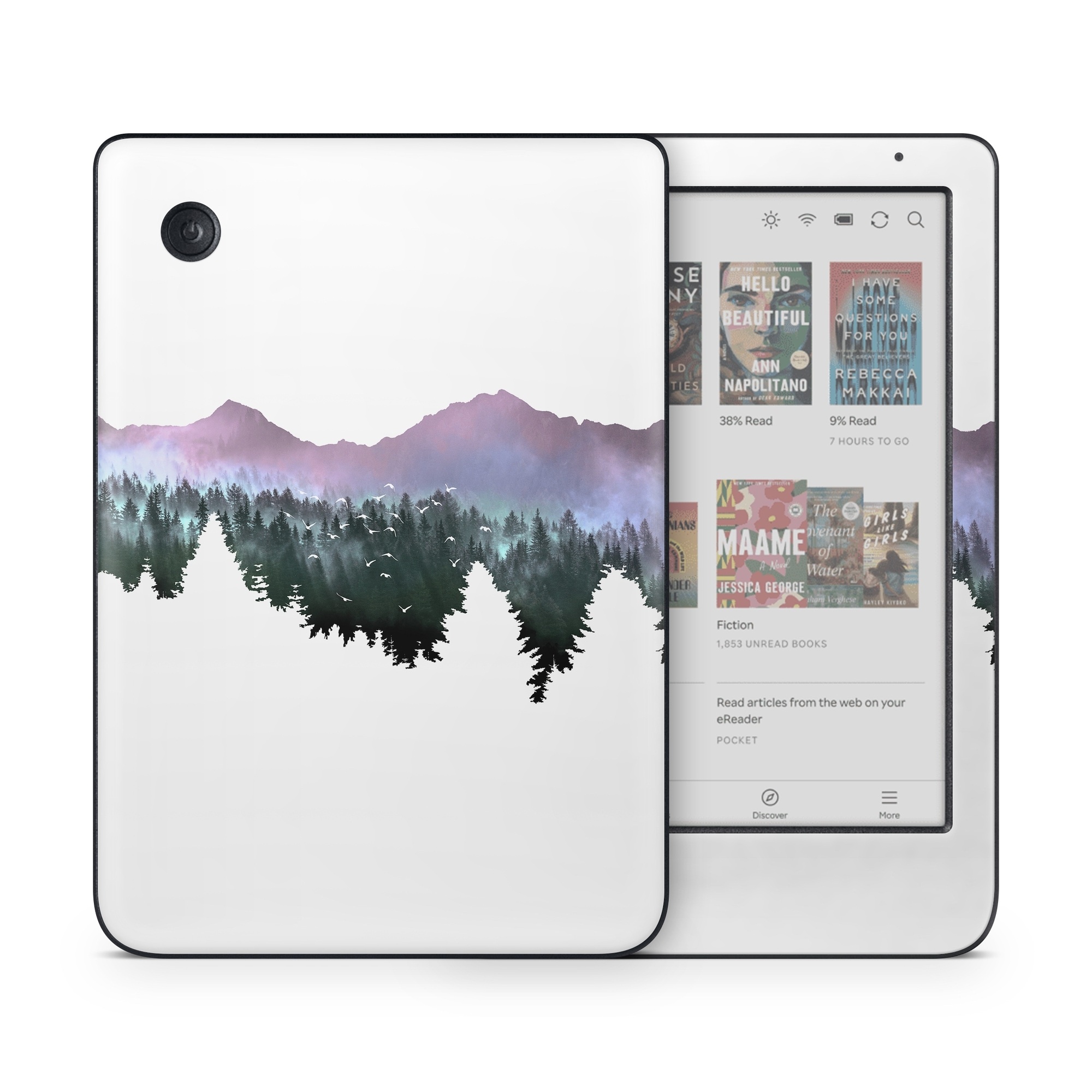 Kobo Clara Colour Skin design of Nature, Mountainous landforms, Mountain, Atmospheric phenomenon, Tree, Wilderness, Sky, Mountain range, Forest, Hill, with white, black, purple, blue, green colors
