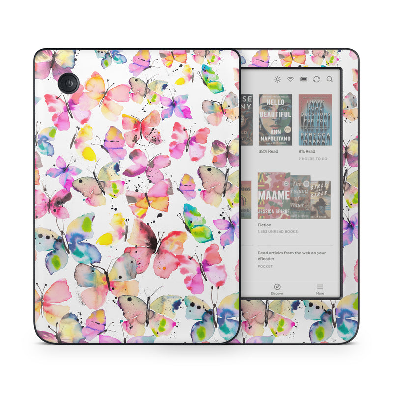 Kobo Clara Colour Skin design of Pollinator, Butterfly, Pink, Insect, Lepidoptera, Arthropod, Paint, Watercolor painting, with white, pink, red, blue, green, purple, yellow, orange colors
