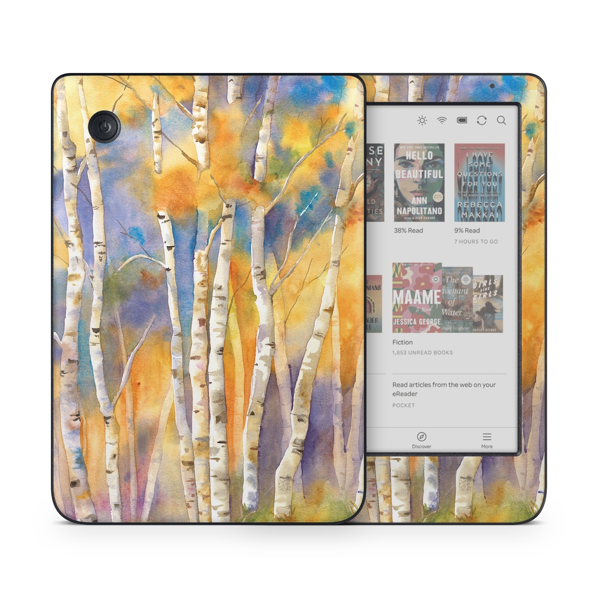 Kobo Clara Colour Skin design of Canoe birch, Watercolor paint, Tree, Birch, Woody plant, Painting, Plant, Birch family, Paint, Trunk, with orange, yellow, green, white, purple, blue colors