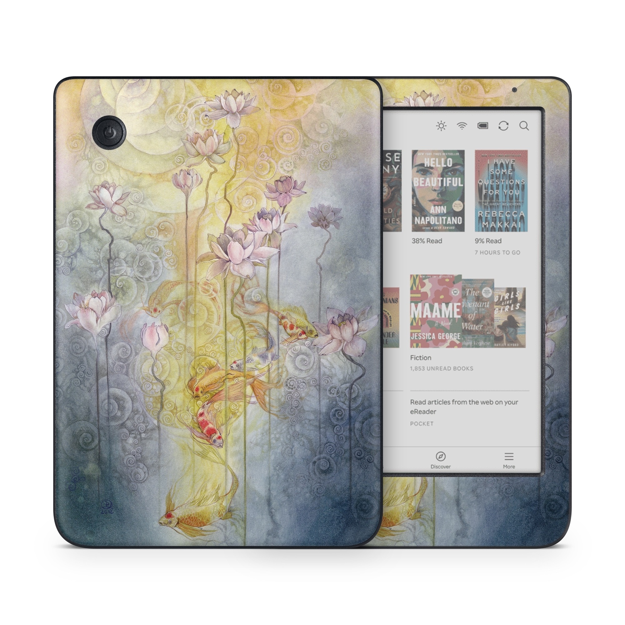 Kobo Clara Colour Skin design of Watercolor paint, Painting, Art, Yellow, Flower, Acrylic paint, Floral design, Visual arts, Modern art, Illustration, with blue, red, orange, pink, yellow colors