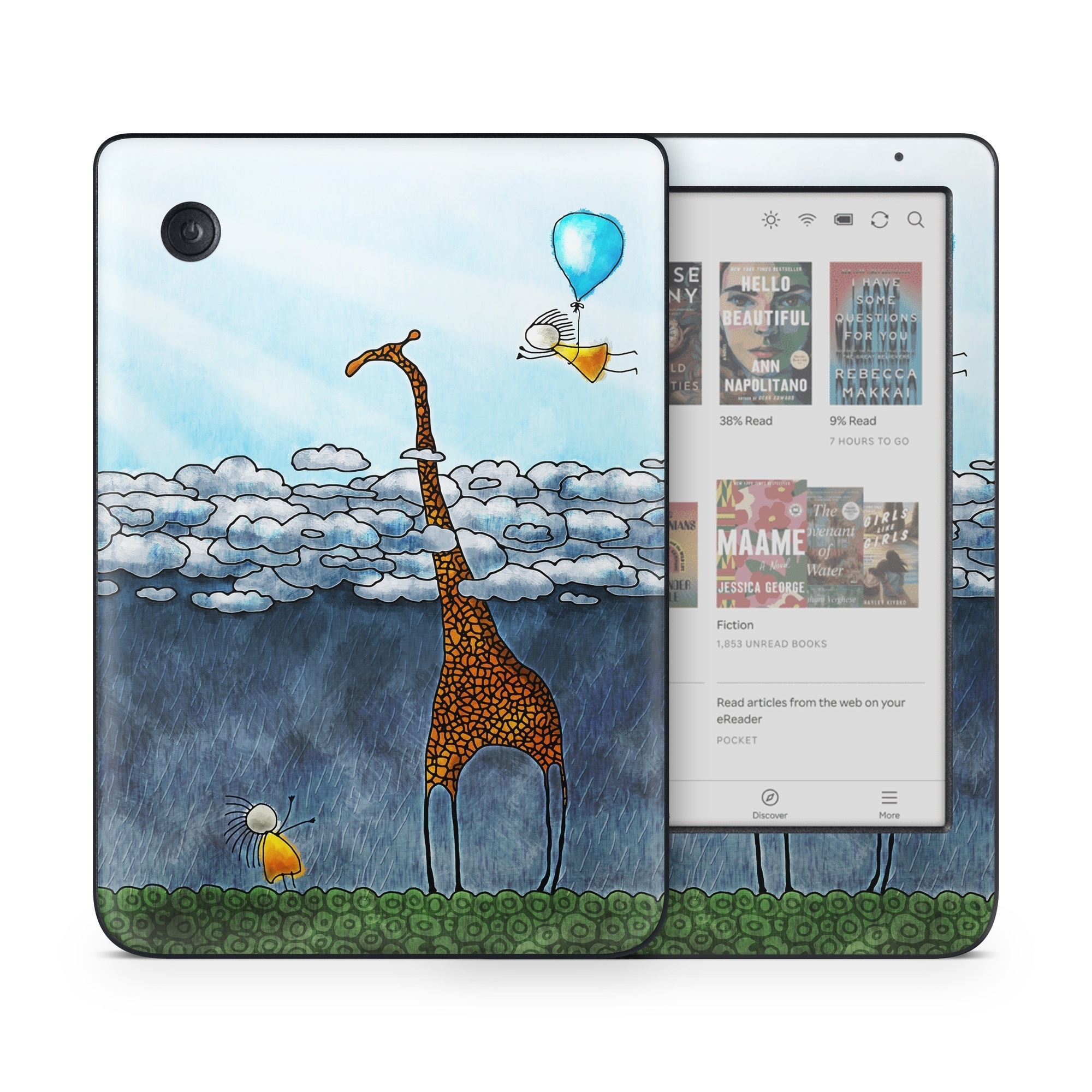 Kobo Clara Colour Skin design of Giraffe, Sky, Tree, Water, Branch, Giraffidae, Illustration, Cloud, Grassland, Bird, with blue, gray, yellow, green colors