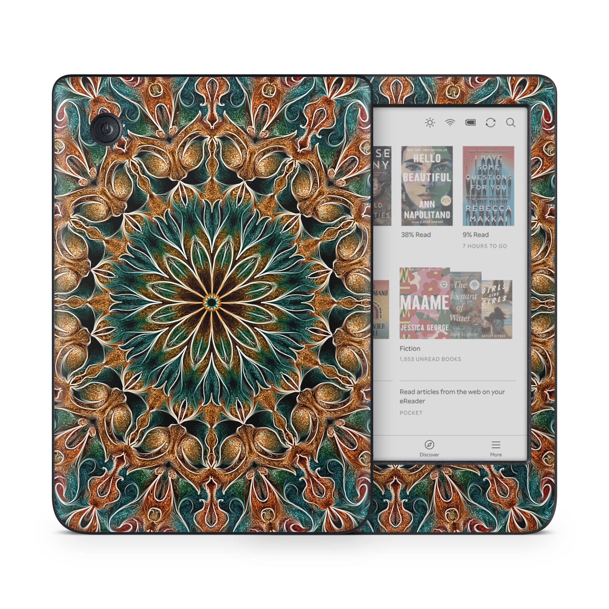 Kobo Clara Colour Skin design of Pattern, Symmetry, Textile, Art, Psychedelic art, Tapestry, Design, Visual arts, Kaleidoscope, Motif, with green, orange, yellow, brown, red colors