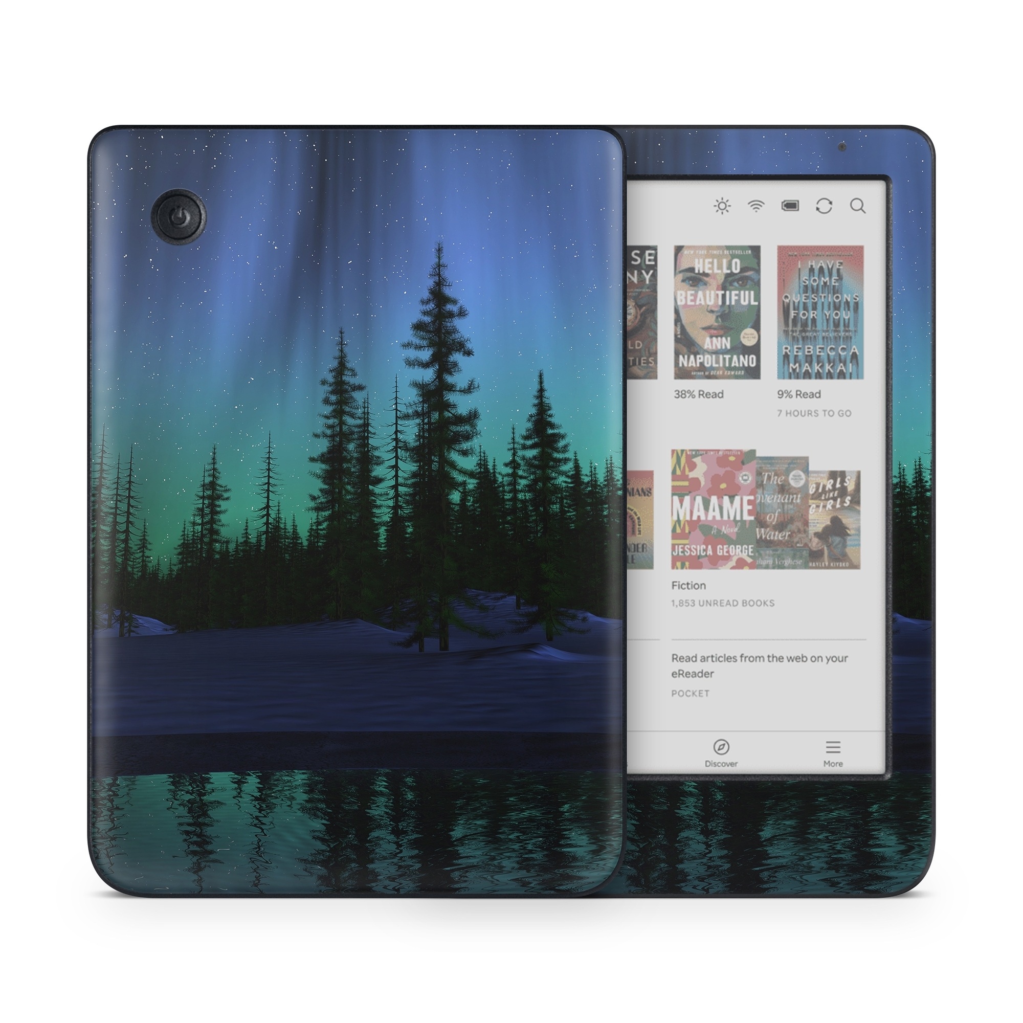 Kobo Clara Colour Skin design of Aurora, Nature, Sky, shortleaf black spruce, Natural landscape, Tree, Wilderness, Natural environment, Biome, Spruce-fir forest, with blue, purple, green, black colors