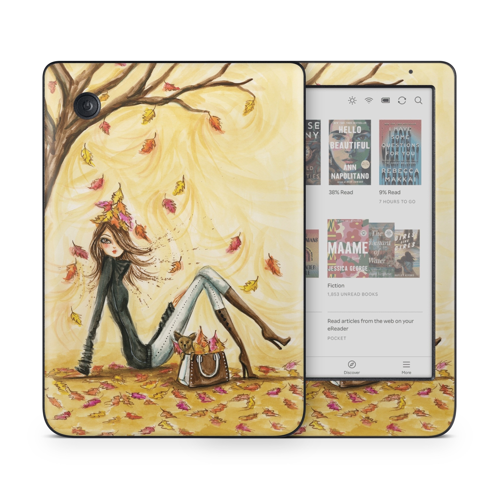 Kobo Clara Colour Skin design of Painting, Watercolor paint, Tree, Art, Illustration, Plant, Modern art, Visual arts, Still life, Fictional character, with yellow, red, brown, orange, black, white colors