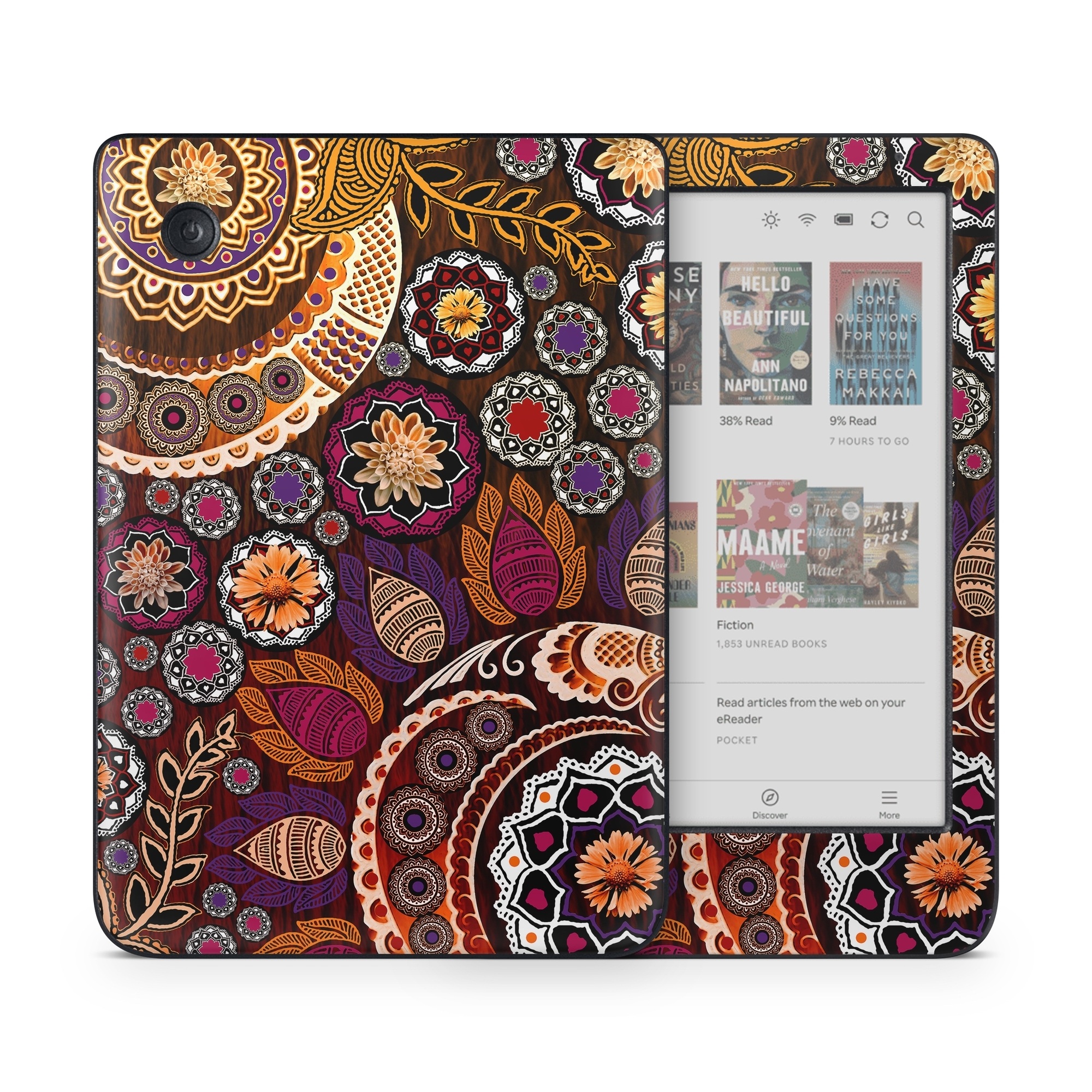 Kobo Clara Colour Skin design of Pattern, Motif, Visual arts, Design, Art, Floral design, Textile, Paisley, Tapestry, Circle, with brown, purple, red, white, black colors
