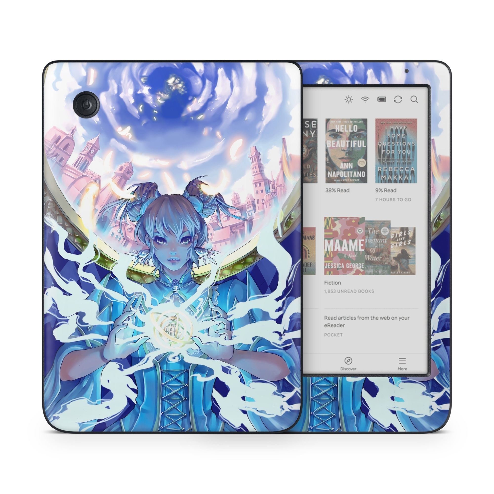 Kobo Clara Colour Skin design of Cg artwork, Anime, Cartoon, Sky, Long hair, Illustration, Fictional character, Black hair, Art, with blue, purple, pink, white, yellow colors