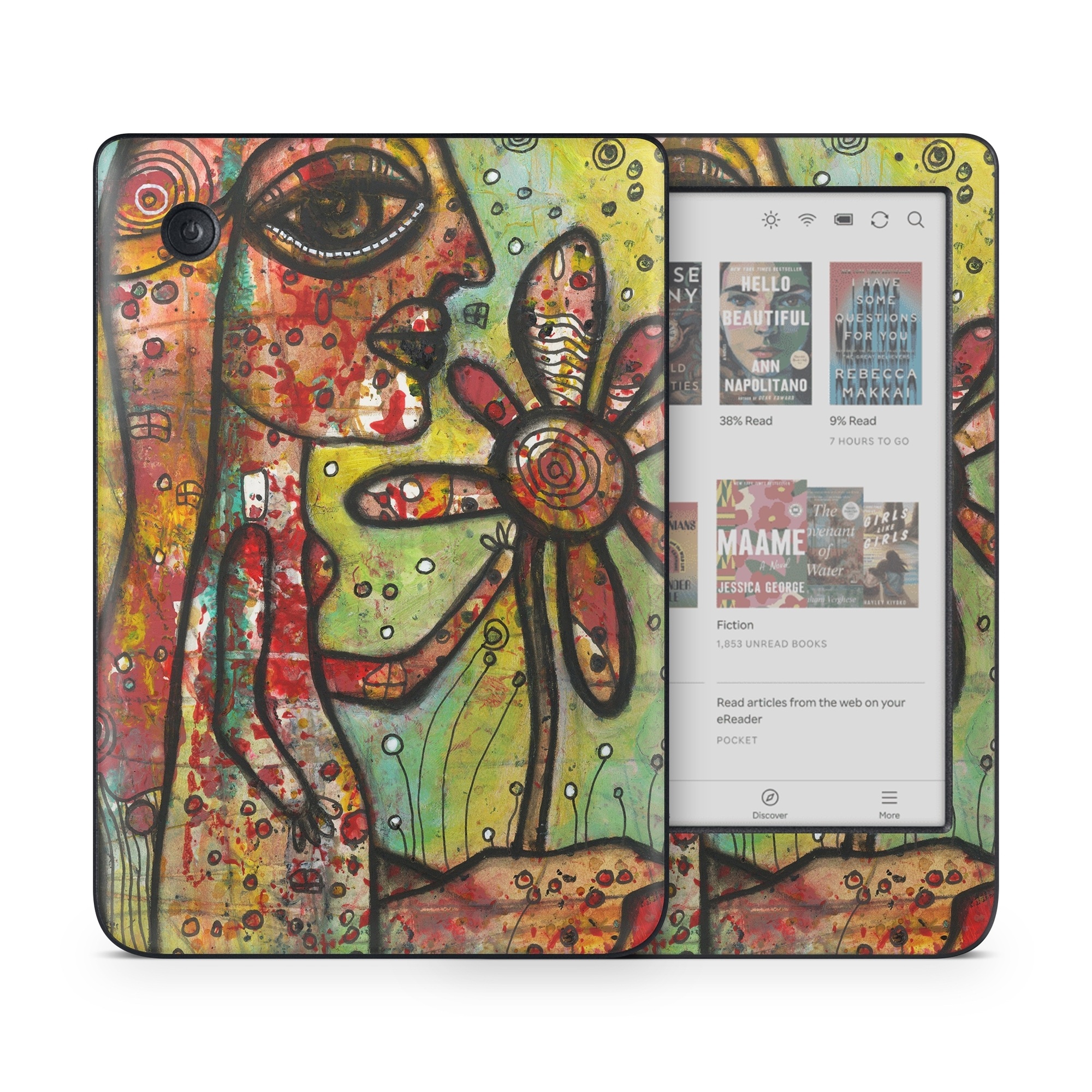 Kobo Clara Colour Skin design of Modern art, Art, Painting, Acrylic paint, Psychedelic art, Visual arts, Watercolor paint, Illustration, Paint, Style, with green, black, red, white, orange, yellow colors