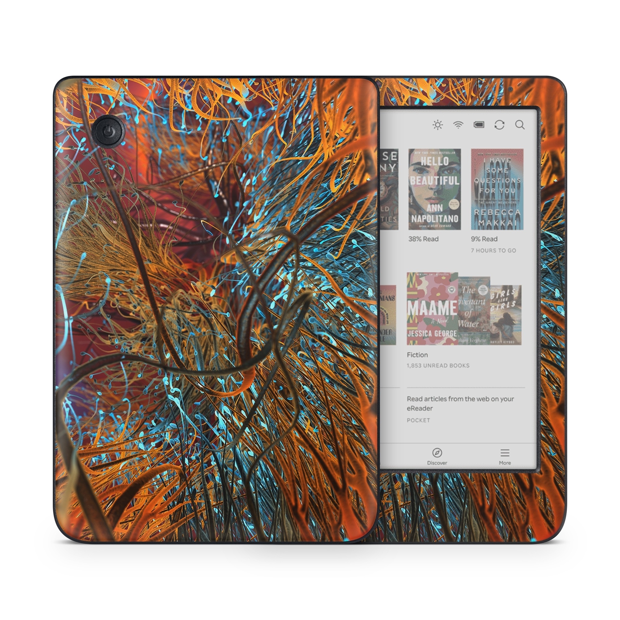 Kobo Clara Colour Skin design of Orange, Tree, Electric blue, Organism, Fractal art, Plant, Art, Graphics, Space, Psychedelic art, with orange, blue, red, yellow, purple colors