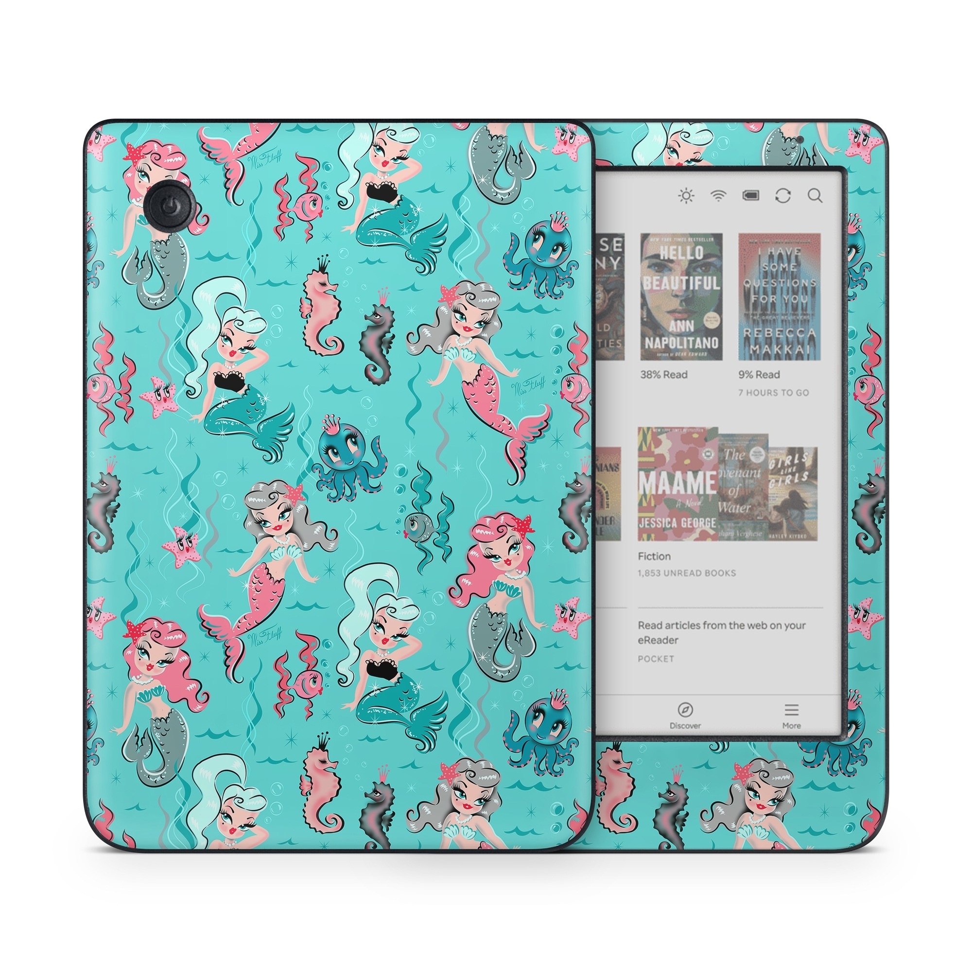 Kobo Clara Colour Skin design of Turquoise, Wrapping paper, Cartoon, Pattern, Textile, Aqua, Design, Gift wrapping, Illustration, Fictional character, with blue, pink, yellow, gray colors
