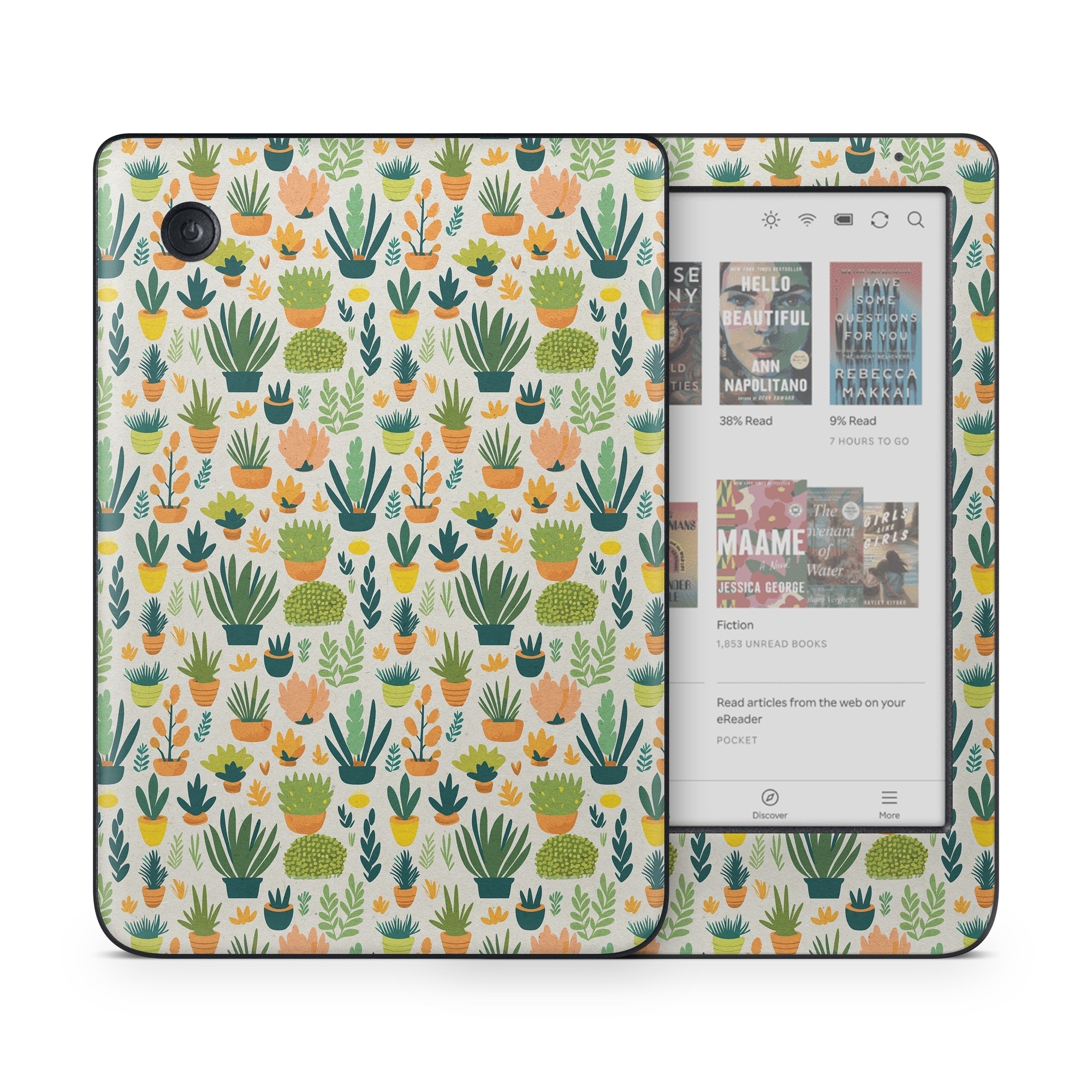 Kobo Clara Colour Skin design of Flower, Plant, Petal, Textile, Botany, Art, Creative arts, Flowering plant, Porcelain, Groundcover, with white, green, brown, yellow, orange colors